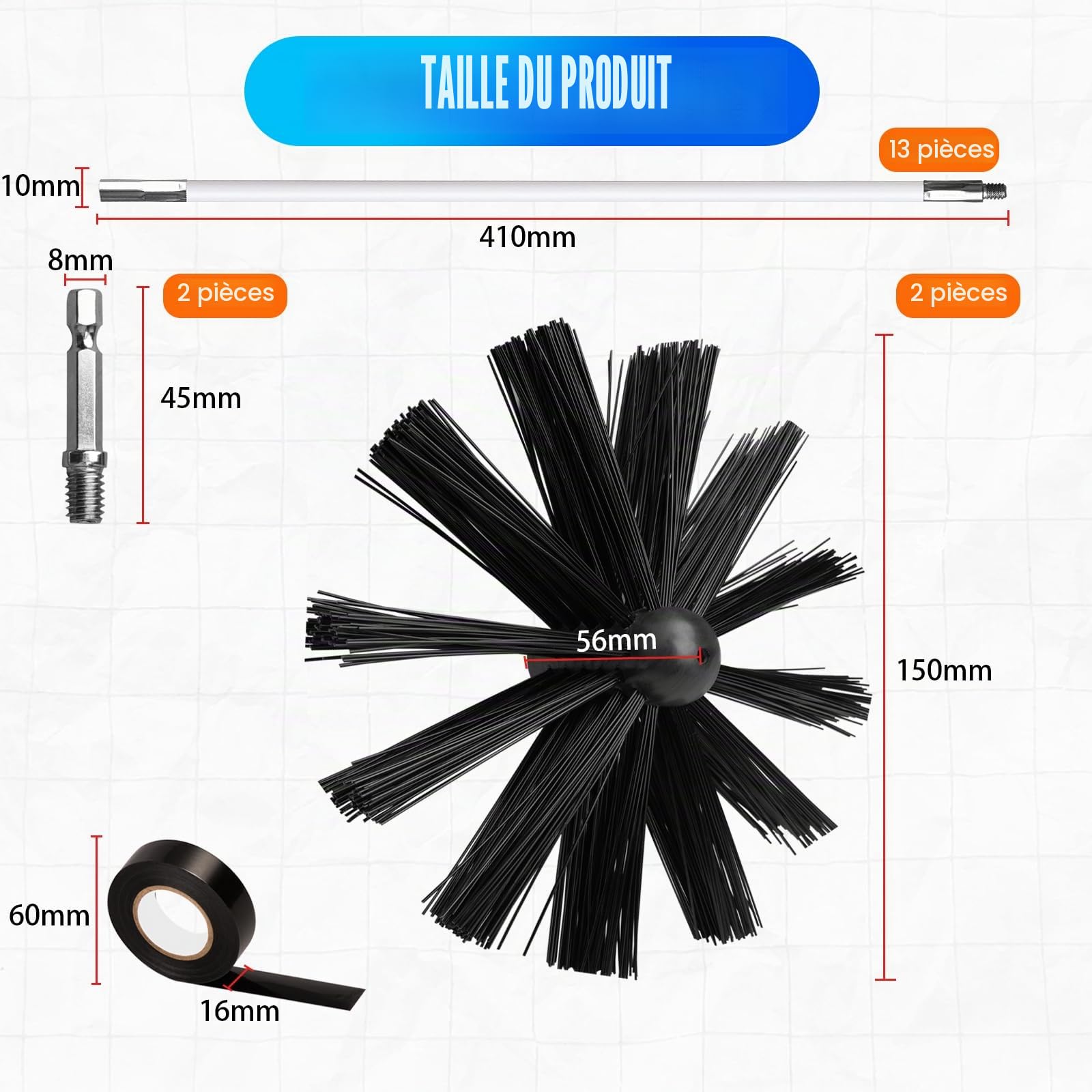 Kit de brosse de cheminée Hbazzor 150 mm 13 barres 410 mm nylon noir