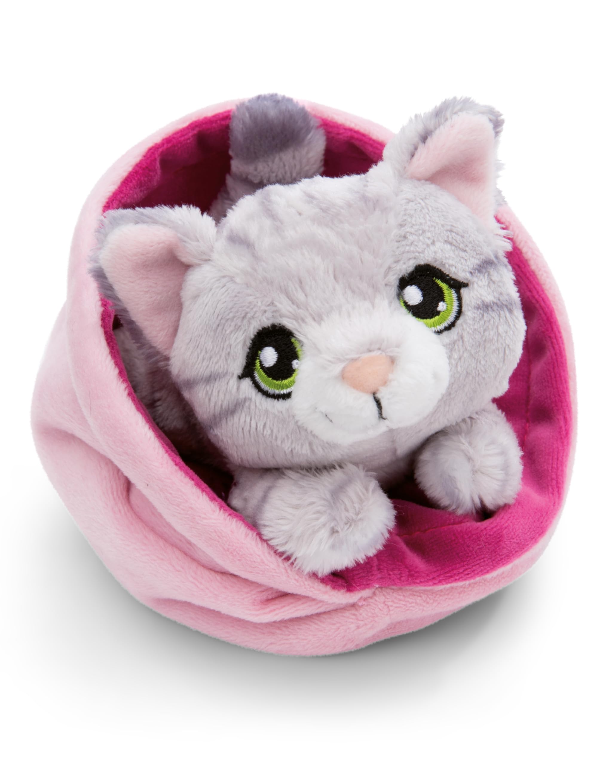 NICI LITTLE PAWS peluche gato 12cm gris atigrado en cesta rosa - Peluche mullido, peluche para abrazar, jugar y amar - 61331