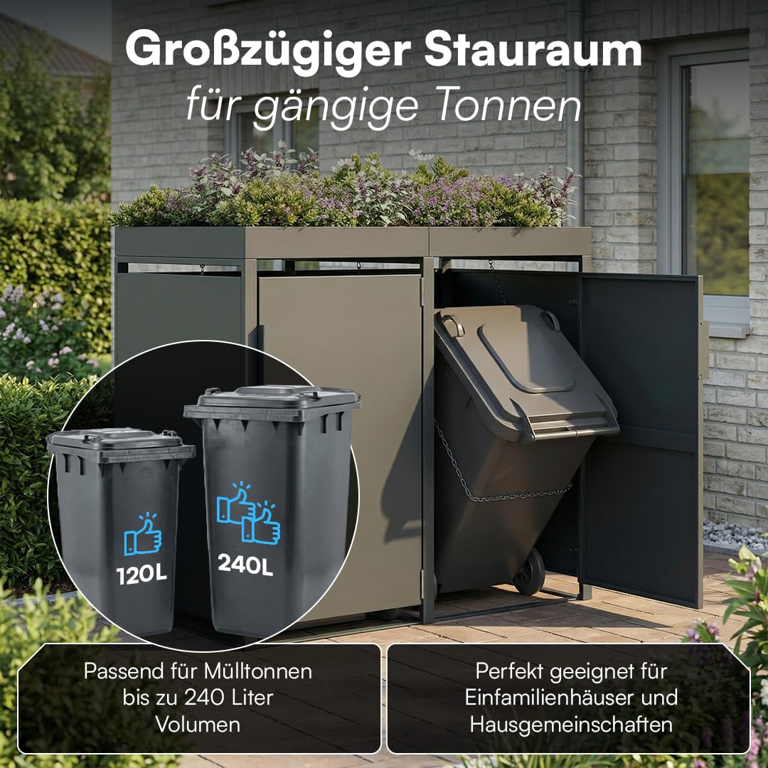 STEELSØN Thoria Mülltonnenbox 2er bis 240L mit Pflanzendach – Mülltonnenverkleidung aus Stahl für 2 Tonnen – Müllcontainer in Anthrazit – Müllbox mit Pflanzenkasten – Gerätebox 125x80x134 cm (HxTxB)