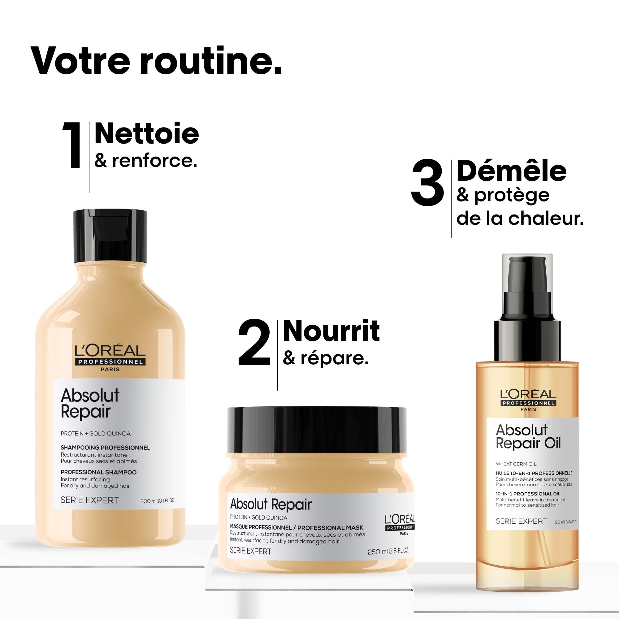 L'Oréal Professionnel, Coffret Cadeau Absolut Repair, Routine Réparatrice, Cheveux Secs & Abîmés, Trio Shampoing + Masque + Huile 10-En-1, Édition Limitée Serie Expert