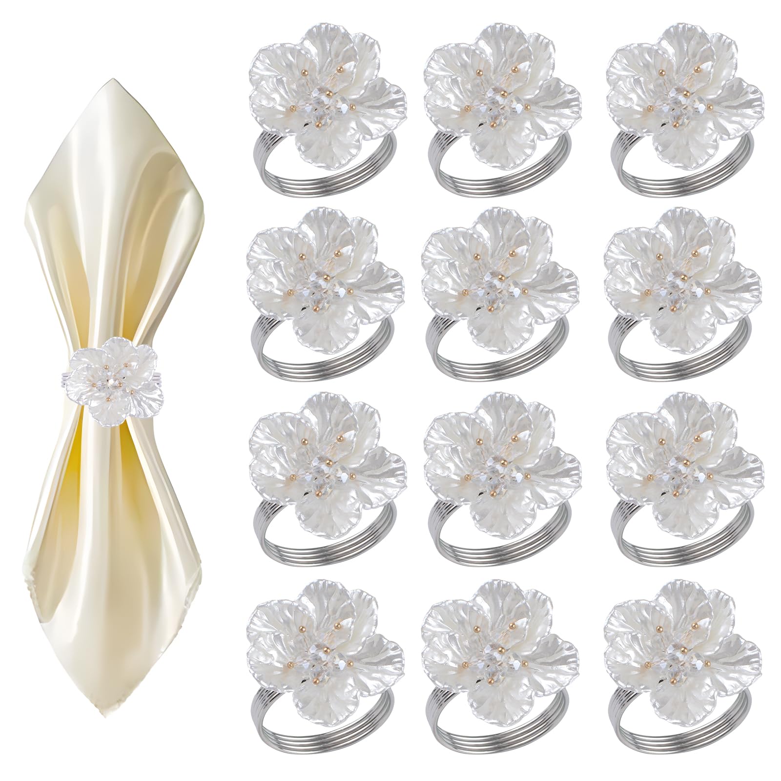 Lot De 12 Ronds De Serviette Fleur Blanche Nacrée - Métal Et Plastique, Diamètre 4 Cm, Pour Décoration De Table