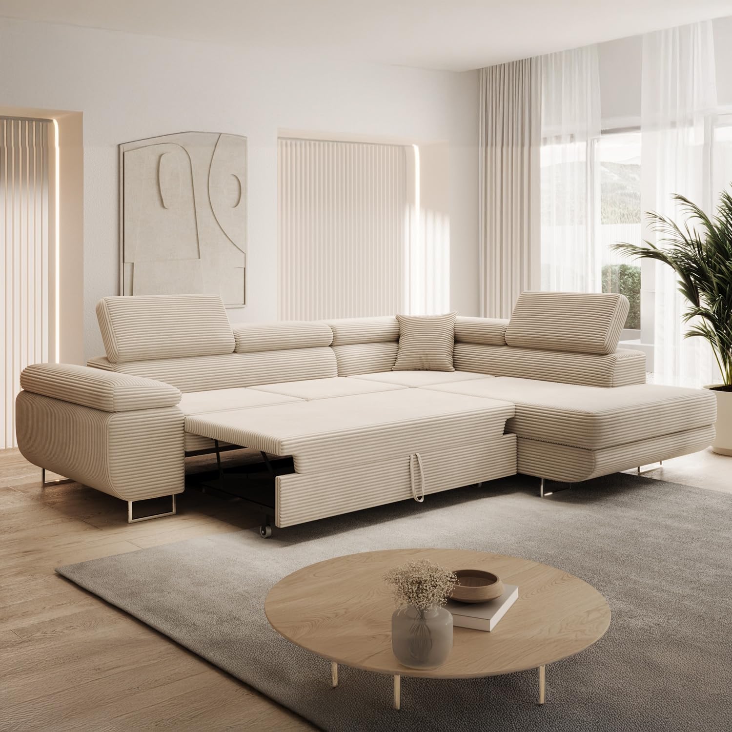 INTENSE DECO Canapé d'angle Droit Convertible Marius Velours côtelé Beige