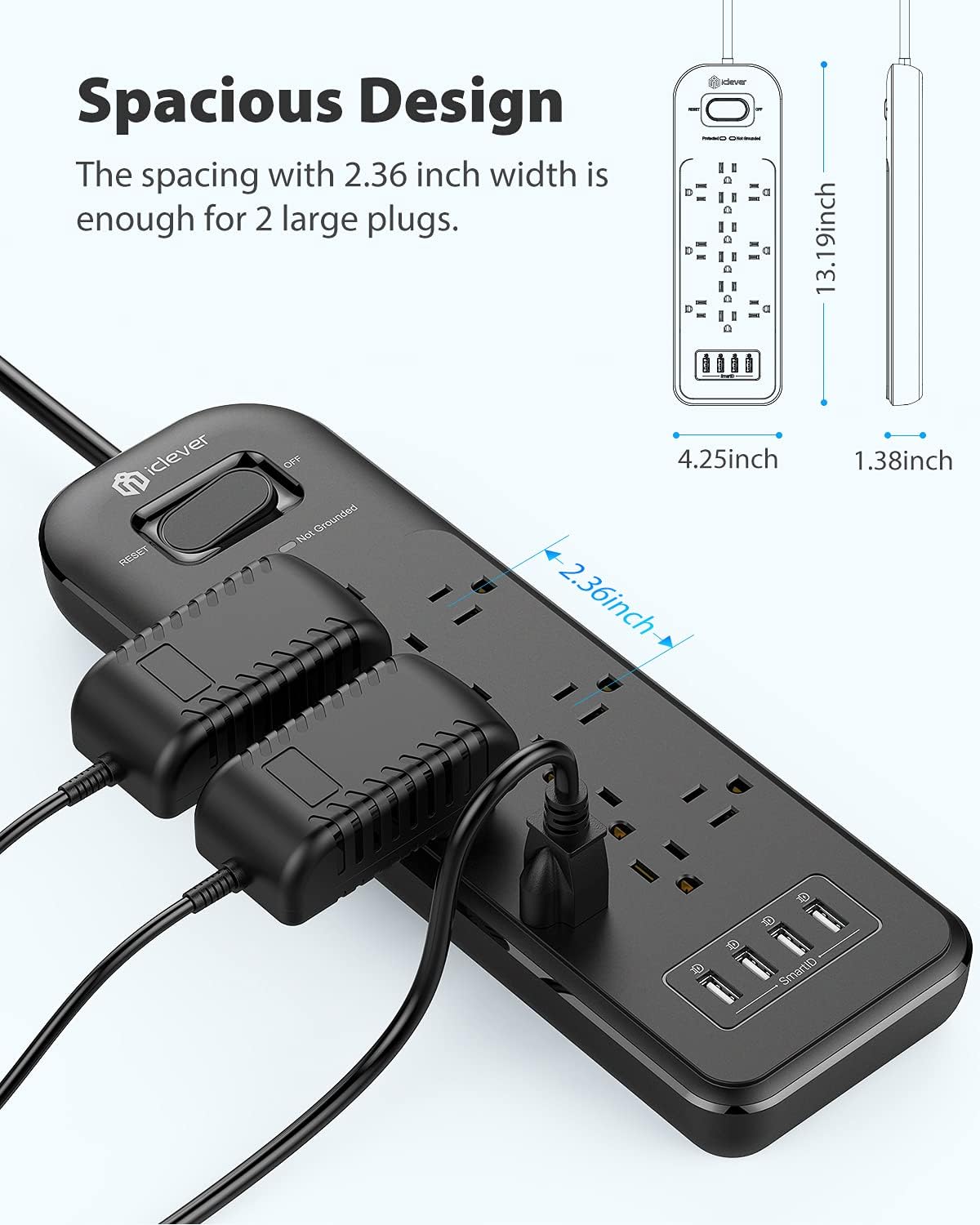Power Strip iClever Surge Protector 1875W/15A with 3 Line 4200J 4 USB Charging Ports(5V/4.8A) 12 AC Outlets 6.6ft Extension Cord Flat Plug USB Power Strip Wall Mount ETL Listed for Home Office Dorm