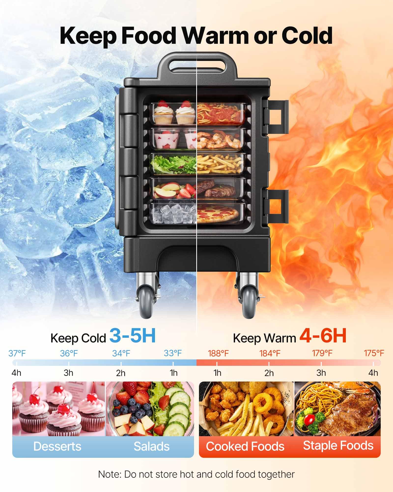 VEVOR Caja Térmica para Alimentos con Aislamiento de 75 L para Catering, Caja para Alimentos con Hebillas Dobles, Carga Frontal con Asas, con Ruedas para Restaurantes, 650x450x815 mm (Sin Bandeja)