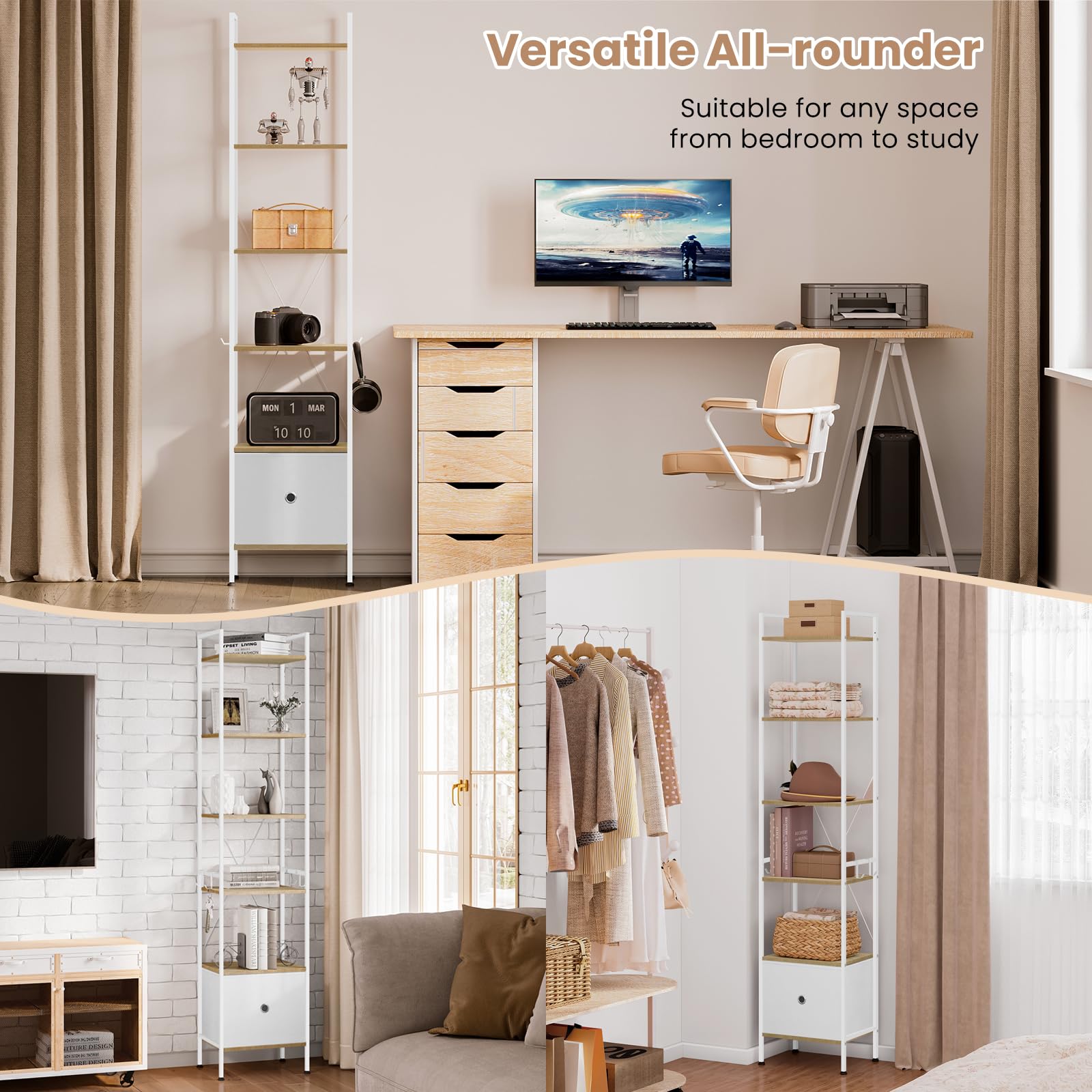WOLTU Standregal mit 5 Ebenen, Bücherregal mit Schublade, stehendes Regal mit Metallrahmen, für Wohnzimmer Arbeitszimmer Homeoffice Schlafzimmer, modern, Helle Eiche + Weiß, RGB63whe