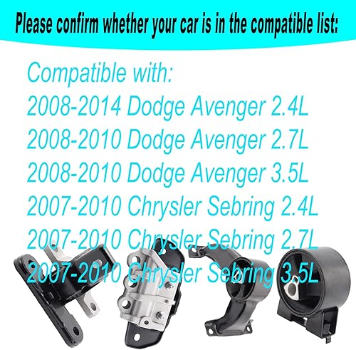 Miniatura 8 de Soporte de motor delantero compatible con Chrysler 200 2.4L 2007-2010 Chrysler Sebring 2.4L 2.7L 3.5L 2008-2014 Dodge Avenger 2.4L Reemplazo para