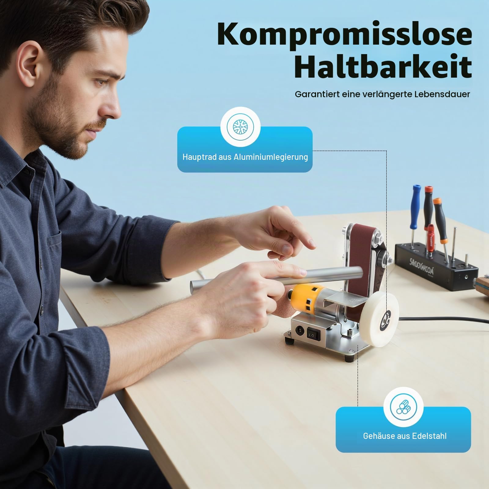 Mini-Bandschleifmaschine, 7-Stufig Verstellbarer, 4000–9000 U/min Vollkupfermotor, vorwärts/rückwärts laufend, Multifunktionale DIY Tisch Polierschleifmaschine für Holz und Metallbearbeitung