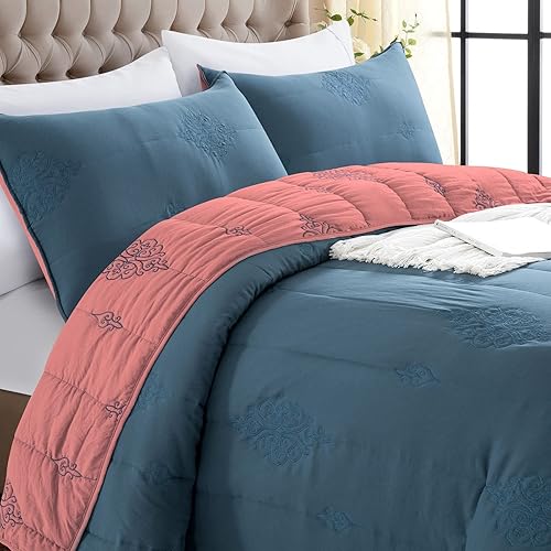 Miniatura 2 de Sophia & William Juego de edredón de 3 piezas con 1 edredón y 2 fundas de almohada, tamaño Queen, con costuras de doble cara, con patrón de