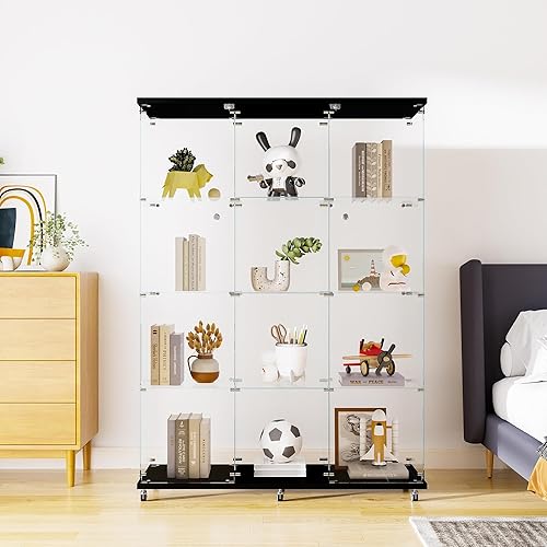 Miniatura 13 de Vitrina de cristal, 4 estantes, vitrina de cristal Curio con 1 puerta, estantería de vidrio de pie para sala de estar, dormitorio, oficina en casa,