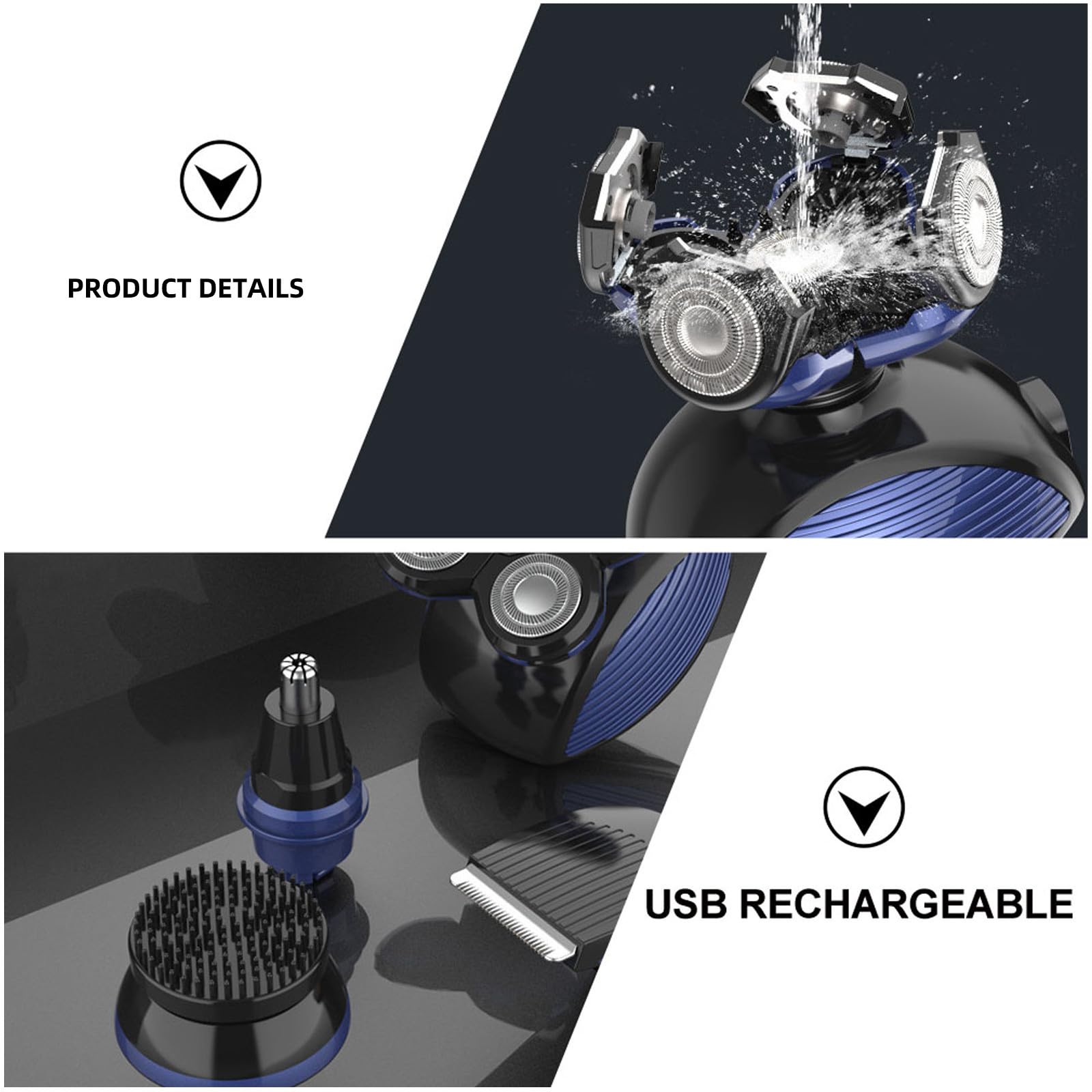 Rasoio Elettrico da Uomo 5 Lame Ipx5 Testina Regolabile, Ricarica USB Rapida, Macchina per Taglio Barba e Chioma Portatile Blu