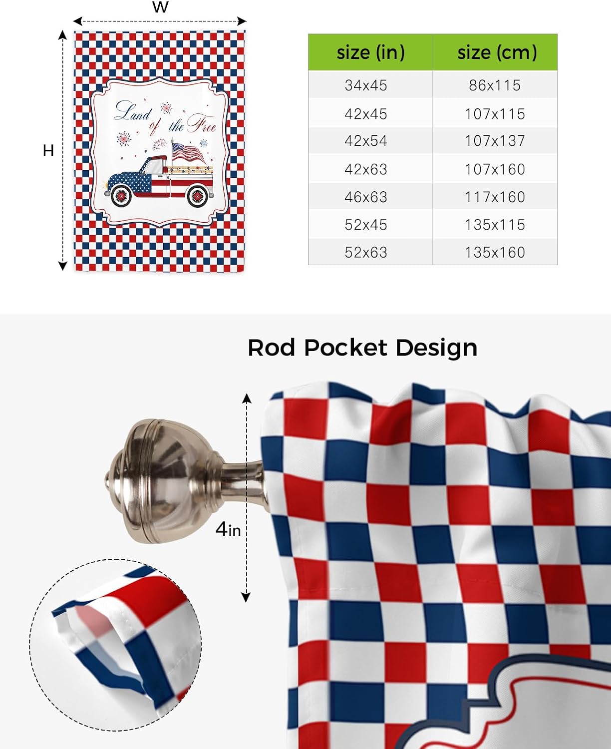 Tie Up Window Shade Curtain 4th of July Farm Truck Kitchen Adjustable Balloon Curtains Shades Drape 46x63In for Living Room/Bedroom/Cafe Windows USA Flag Car Buffalo Check Grid