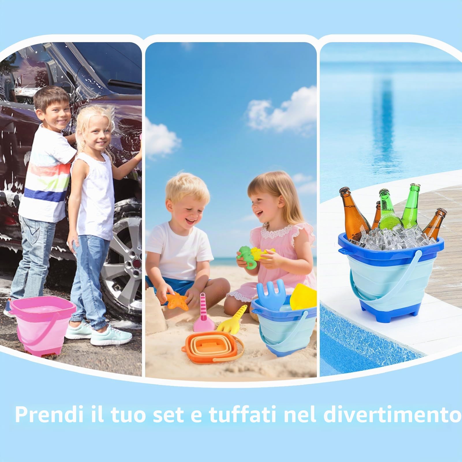 Dreamon Giochi Spiaggia Bambini, Giocattoli di Sabbia da Viaggio con Secchiello Pieghevole Bambini, 14 PCS Giocattoli da Spiaggia per Bambini Ragazzi Ragazze