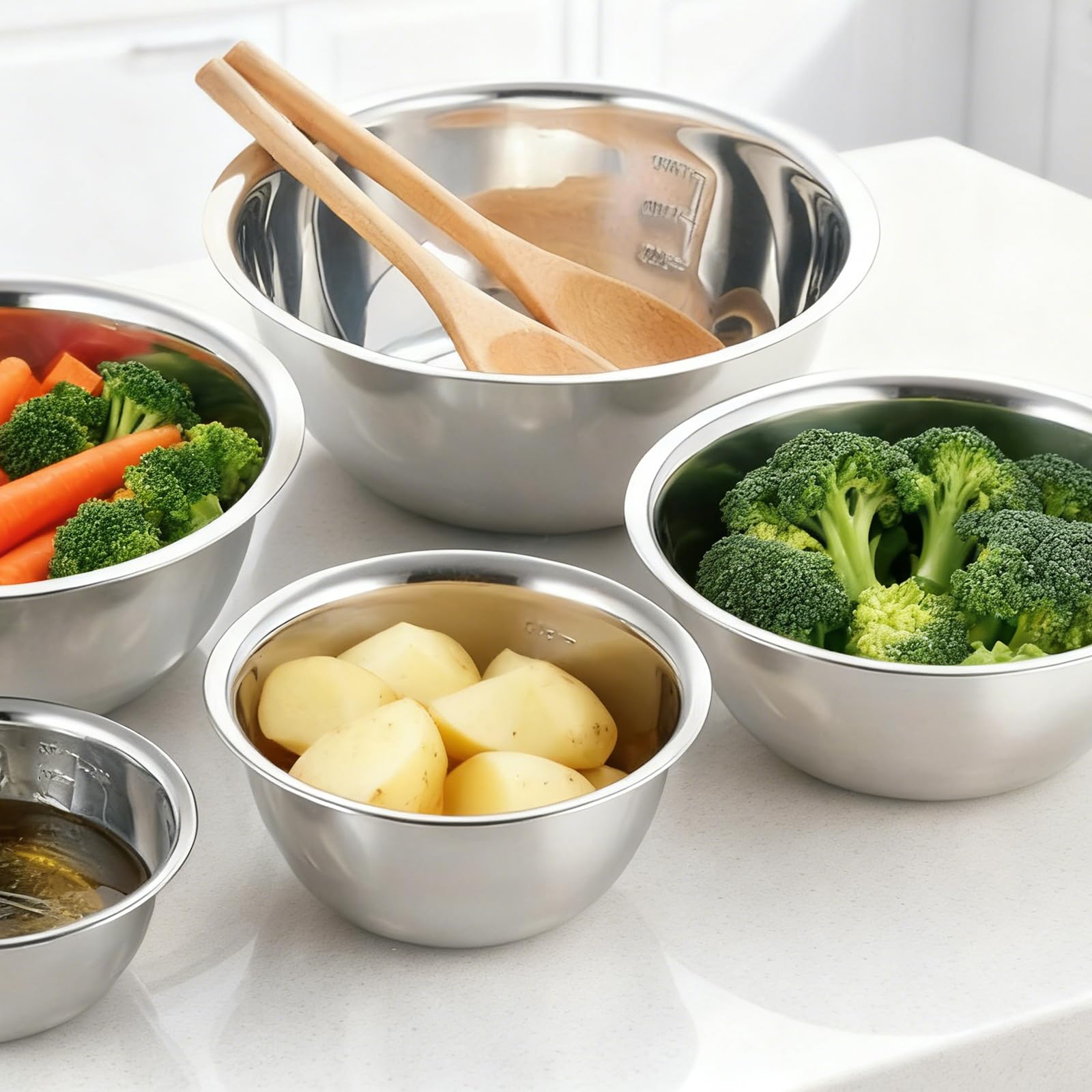 Lot De 5 Cul De Poule Inox: Saladiers En Acier Inoxydable En 5 Tailles, Bol Inox Cuisine Bowl De Mélange, Empilables Et Lavables Au Lave-Vaisselle Idéal Pour La Cuisine, Pâtisserie Et Stockage