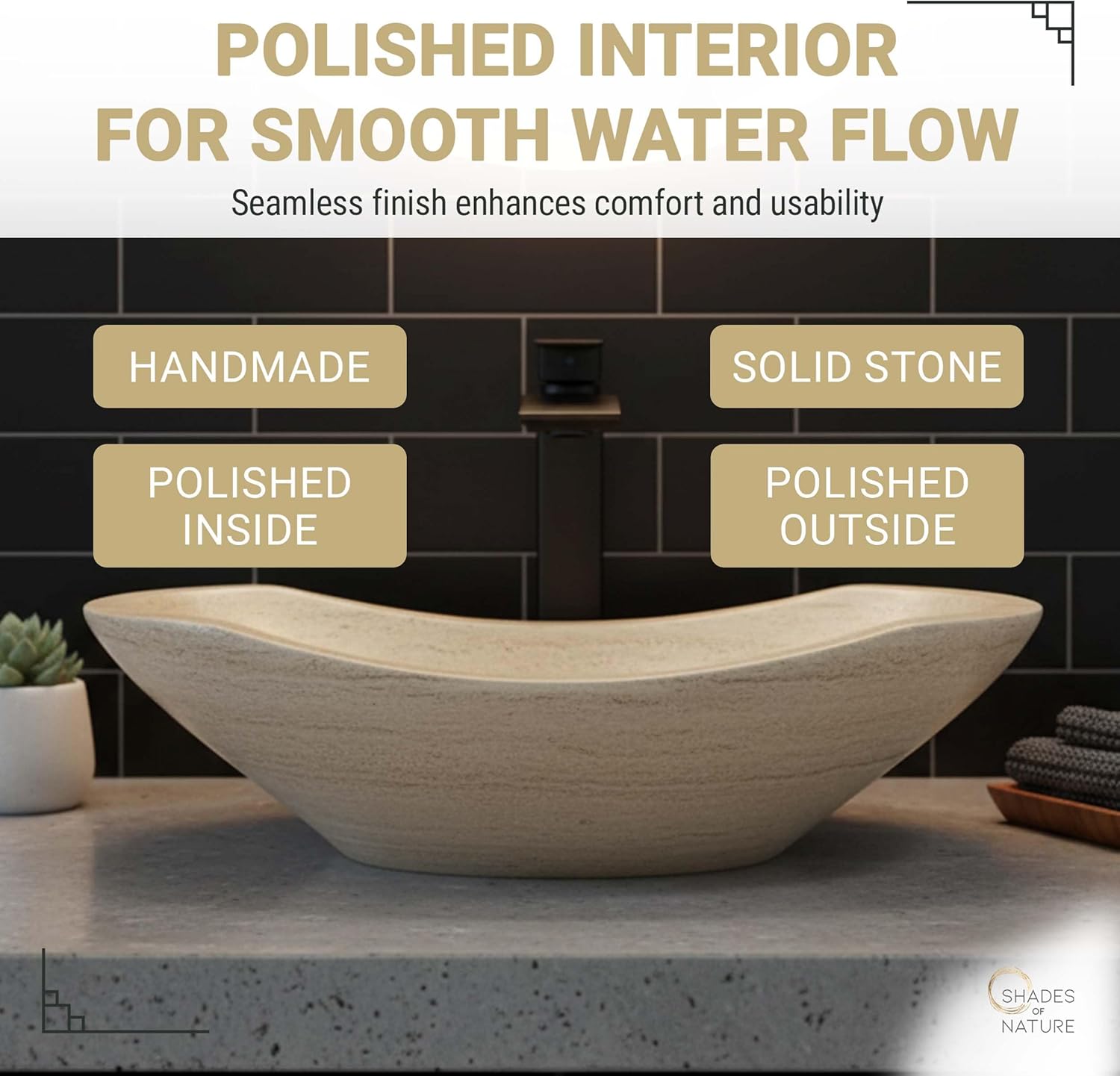 Shades of Nature Travertine Bathroom Sink - Modern Above Counter Bathroom Vessel Sink - Oval Shaped Hand-Carved Vanity Sink - Perfect for Luxury Bathrooms & Spa-Inspired Interiors Polished Oval