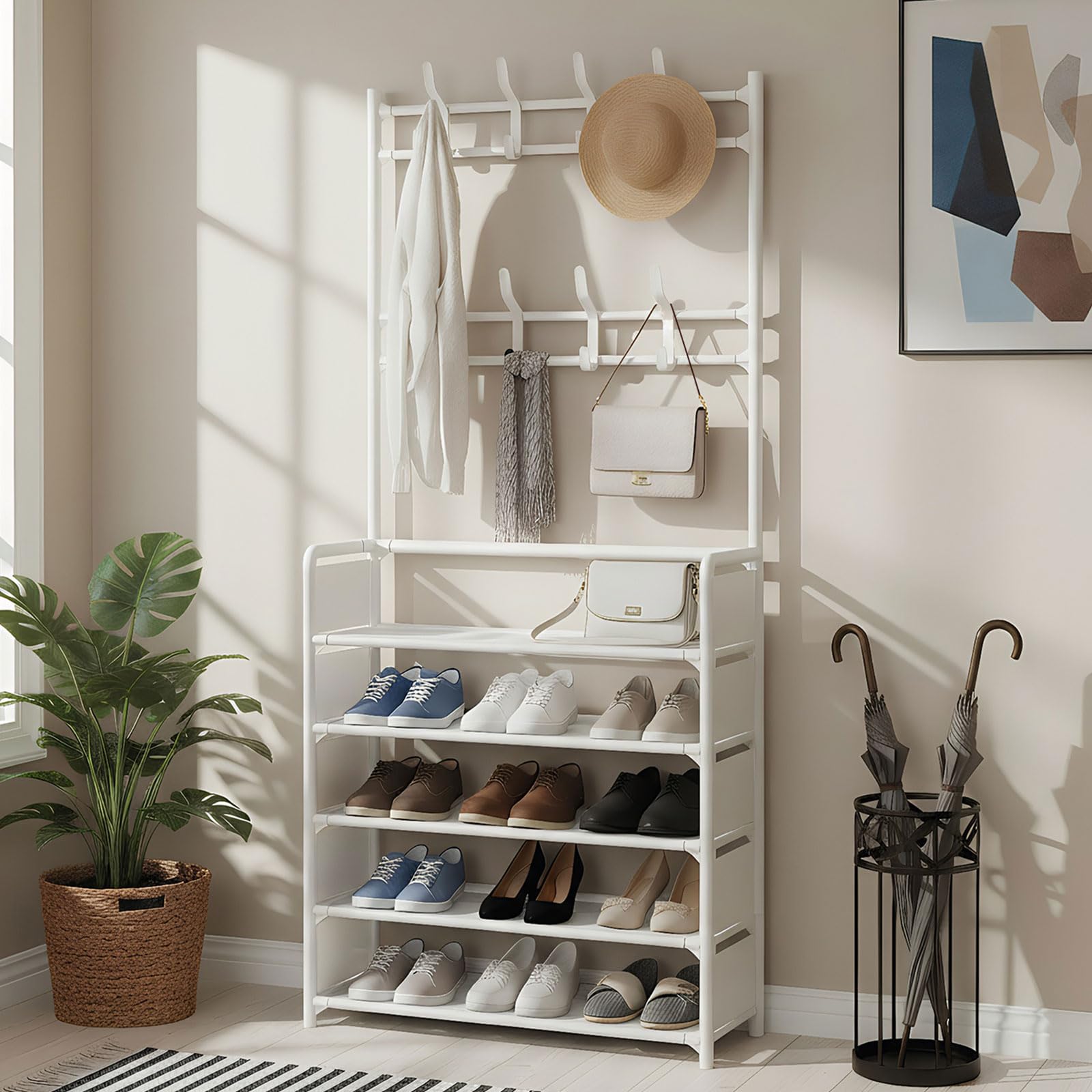 MAXALANCE Coat Rack with Shoe Rack 5 Tiers 169 cm - Shoe Storage Organizer with Hooks, Coat Stand for Hallway, Freestanding Shoe Shelf for Entryway Small Space, White