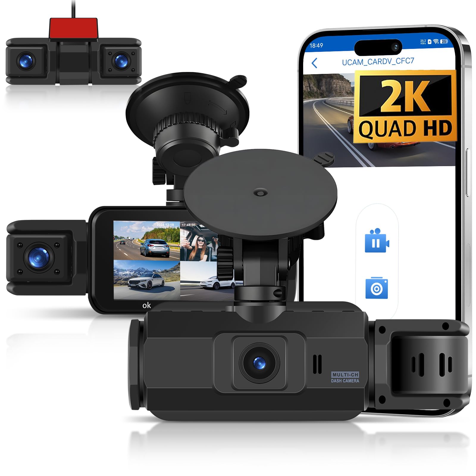 Hodozzy 2K+1080P Dashcam Voiture 360° avec 5GHz WiFi, 4 Caméras Avant Arrière Intérieur Gauche, Nachtsicht Ohne Licht, Écran Tactile IPS 3", Enregistrement en Boucle, Capteur G,Mode Stationnement 24H