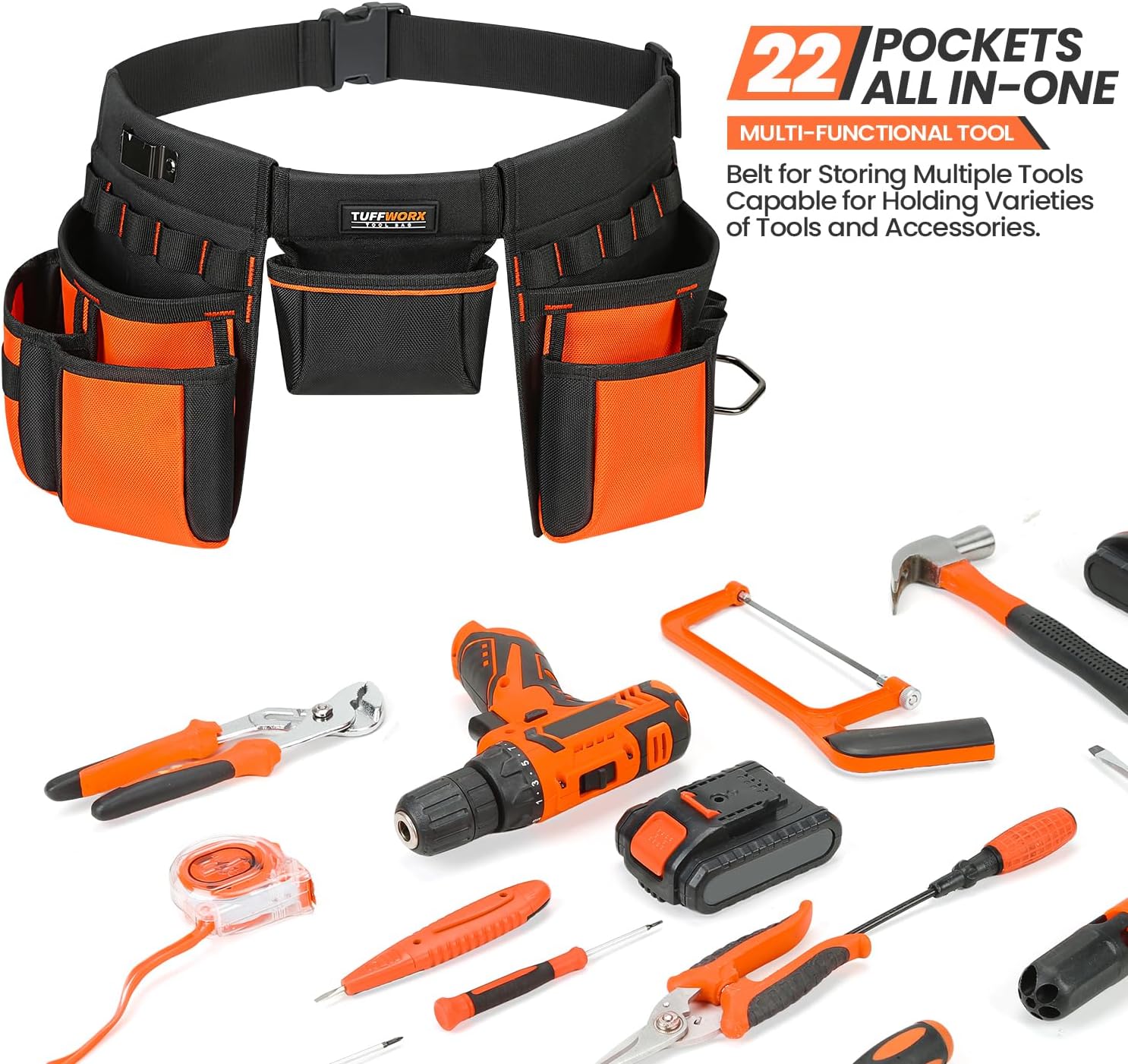 Tool Belt with Multiple Pockets, Heavy Duty Construction Pouch, Black and Orange