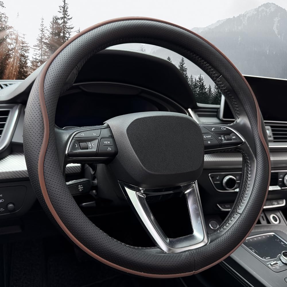 HAOTULE Leather Steering Wheel Cover, with Anti-Slip Stripe Design - Enhanced Grip, Fashion Style, Safe, Non-Slip, Breathable. Upgrade car Interior,Black Brown