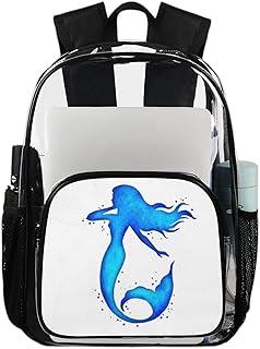 Silhuetas de Sereia Azul Mochila Transparente Bolsas de Livros Resistentes, Linda Sereia Impermeável Mochila Transparente PVC Mochila Transparente com Alça de Ombro Reforçada para Escola, Trabalho, Viagem, Multicor