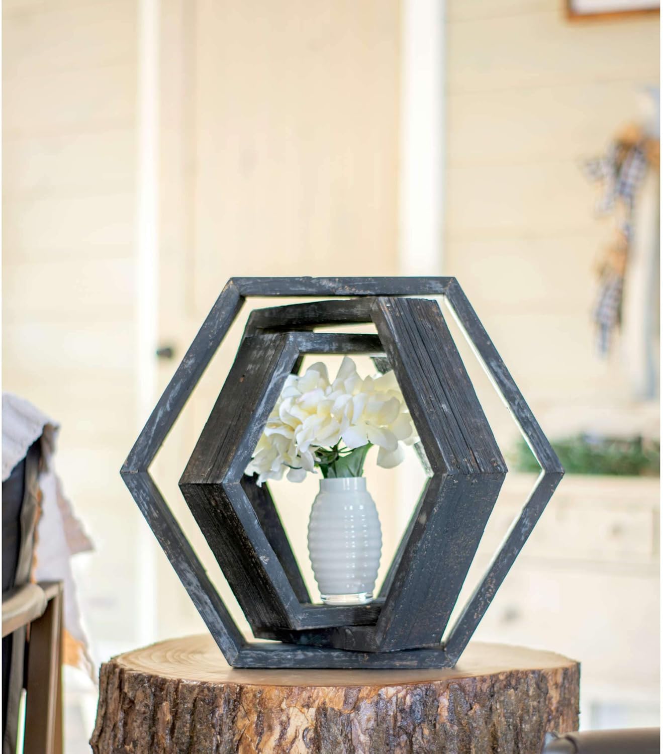 BARNWOODUSA Hexagon Floating Shelves Set of 3 Rustic Farmhouse Reclaimed Wood Honeycomb Shelves Wall Hanging Octagon, Smoky Black