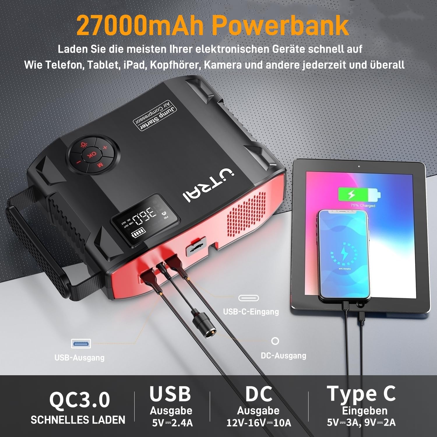 UTRAI 27000mAh Starthilfe Powerbank für Pkw, 7000A Booster Auto Starthilfe Powerbank mit Kompressor, 160W DC-Ausgang, 1600 Lumen LED Taschenlampe, Jump Starter für All Benzin, 12L Dieselmotor