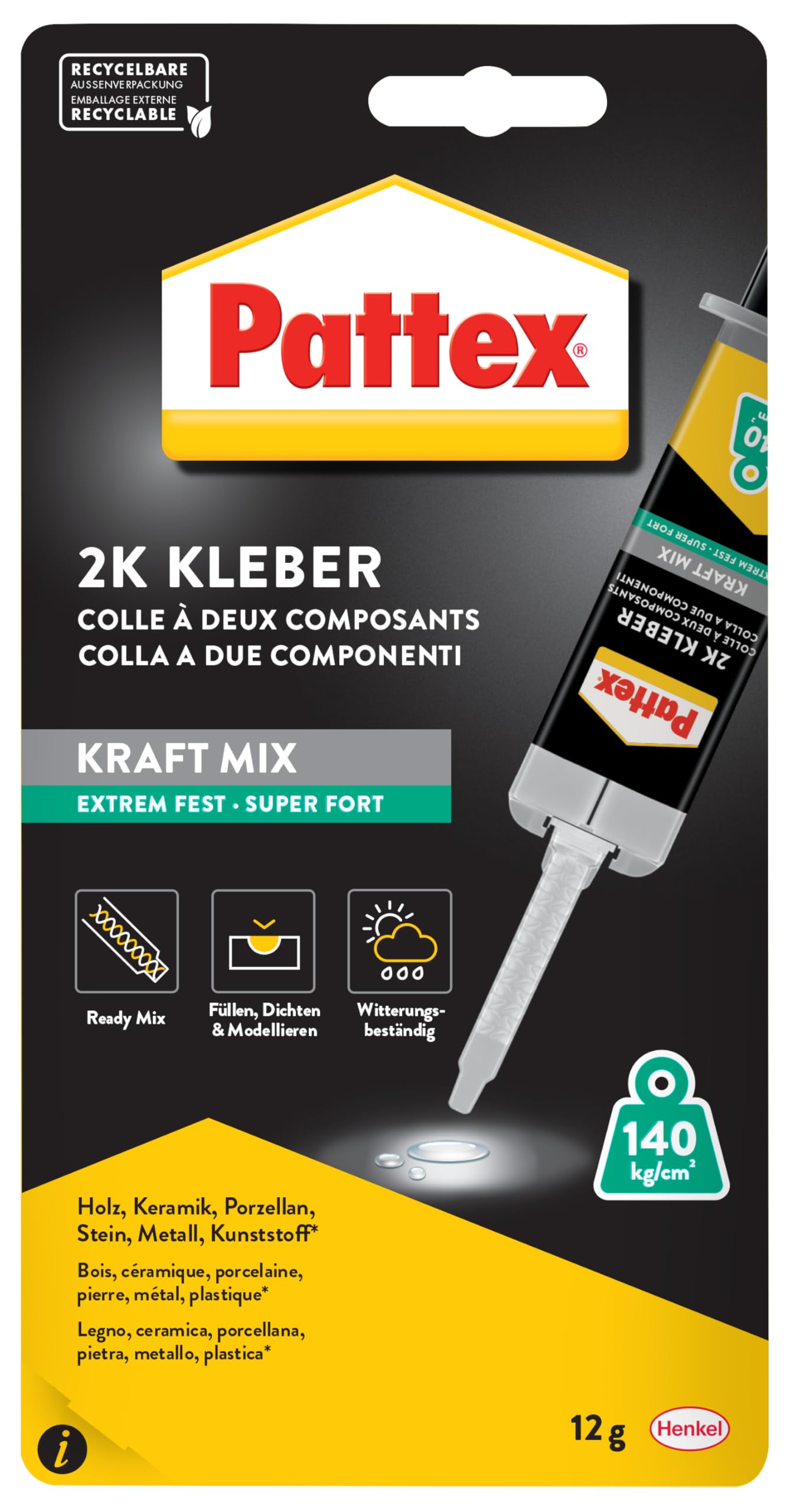 Pattex Kraft-Mix Extrem Fest, extrem starker Epoxidharz Kleber mit hoher Endfestigkeit, Klebstoff für fast jedes Material, transluzenter 2 Komponenten Kleber, 1x12g