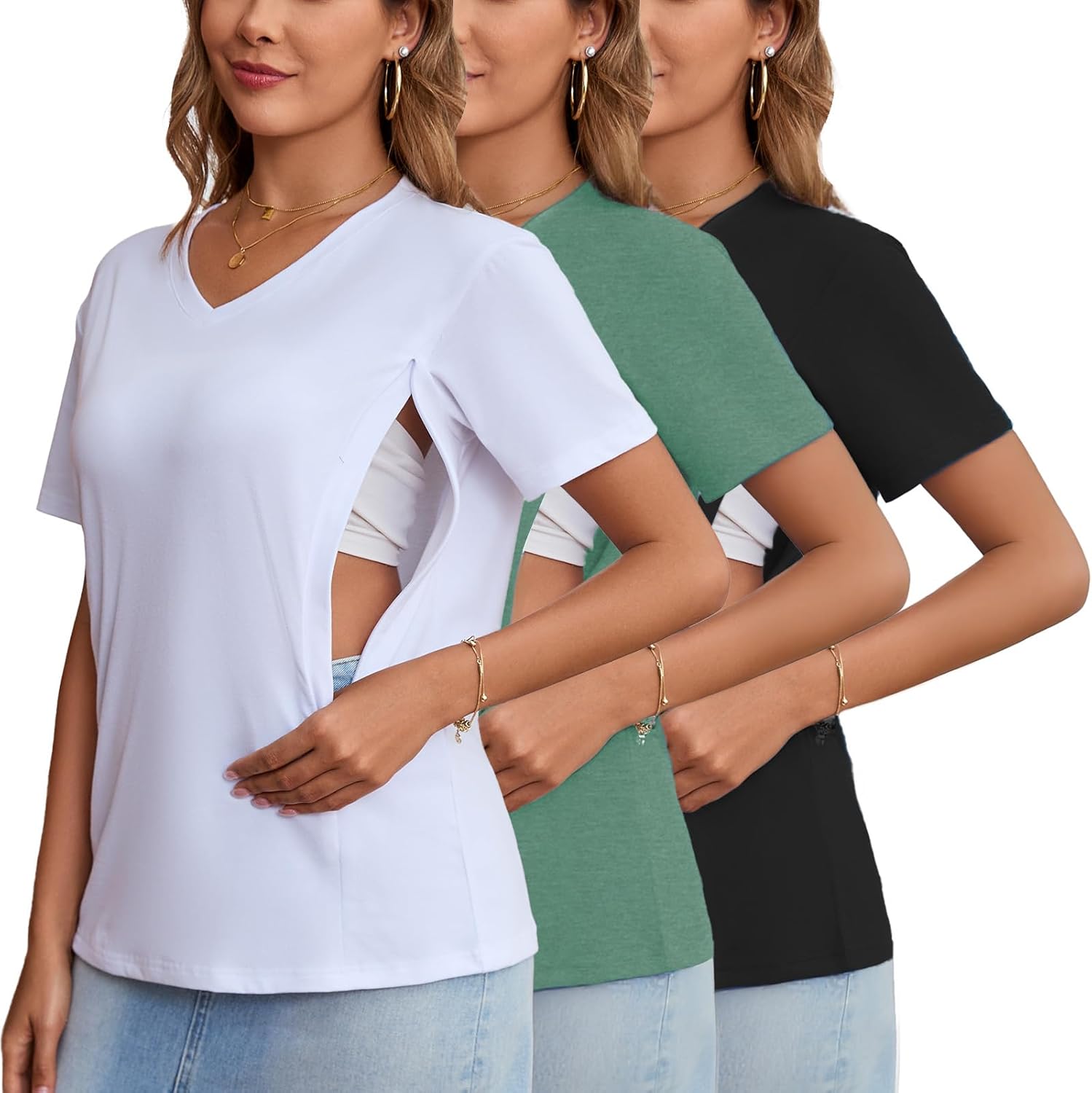Ecavus Women's Nursing Shirts 3-Pack V Neck Breastfeeding Shirts with Hidden Zipper Short Sleeve Loose Fit Nursing Tops