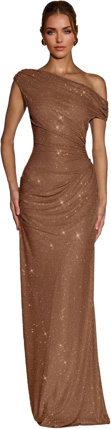 One Shoulder Prom Dress Long Mermaid Bridesmaid Dresses Sparkly Sequin Pleated Formal Evening Gowns for Women