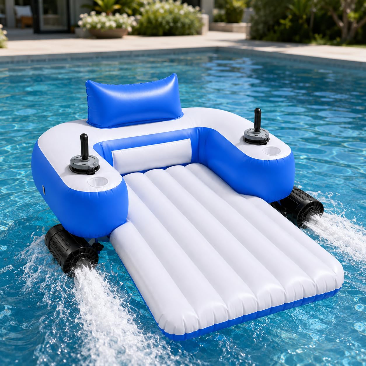 Flotador de piscina motorizado para adultos, tumbona inflable recargable con batería de 5200 mAh, control de joystick, doble hélice, respaldo, portavasos, capacidad de 330 libras