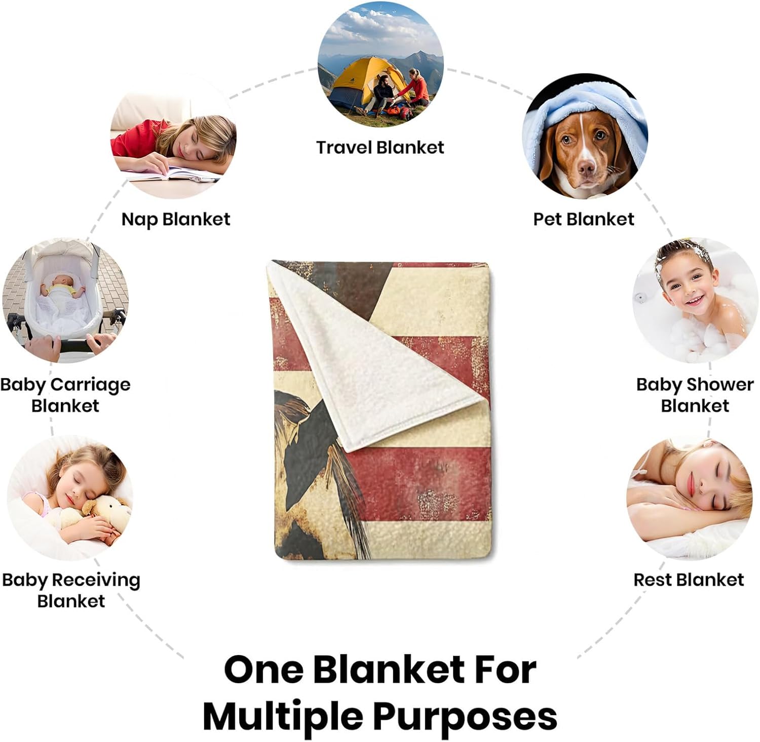 Memorial Day Throw Blanket 50"x60" - Horse Design, Ultra-Soft Fleece Plush Blanket for Couch Bed Sofa, Cozy Lightweight Blanket for Kids Camping Travel, 4th of July Decor Gifts