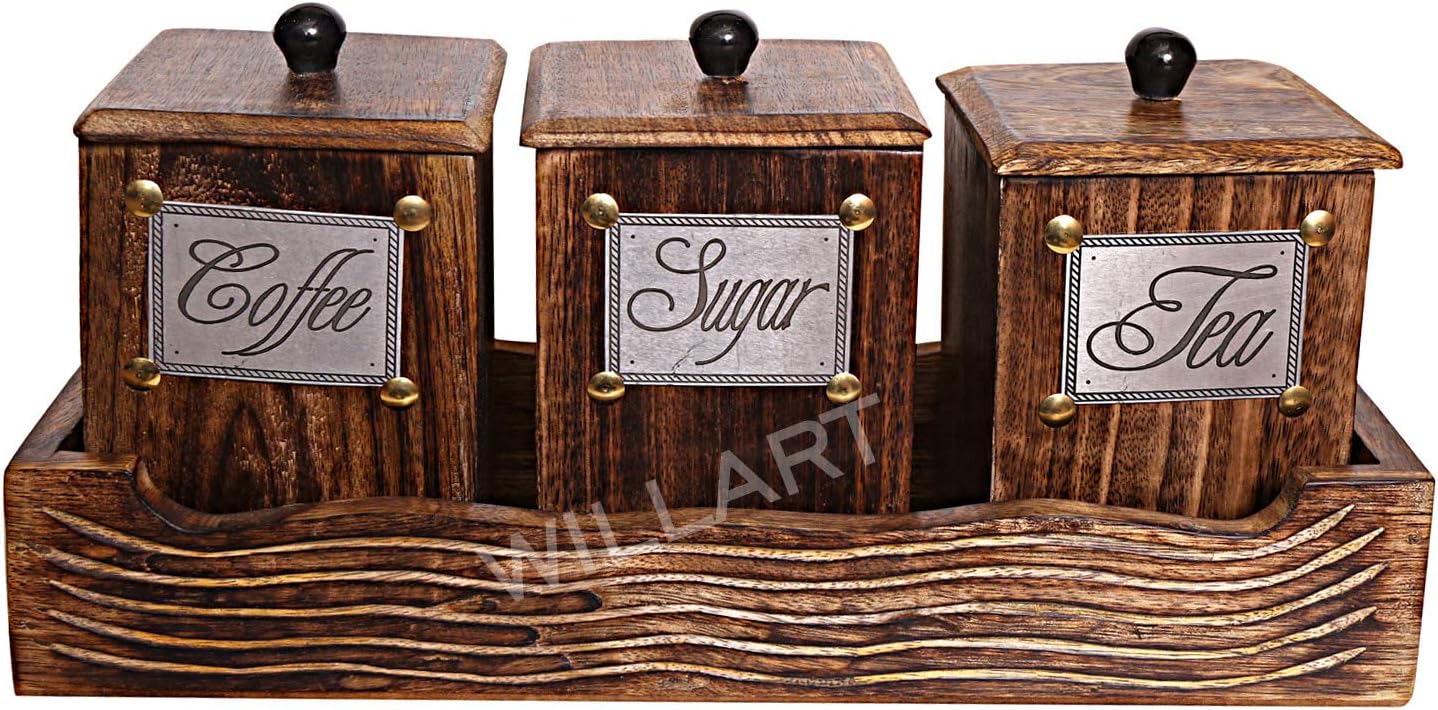 WILLART Wooden Large Tea Coffee Sugar Large Container Set in Wooden Tray � Container Canister