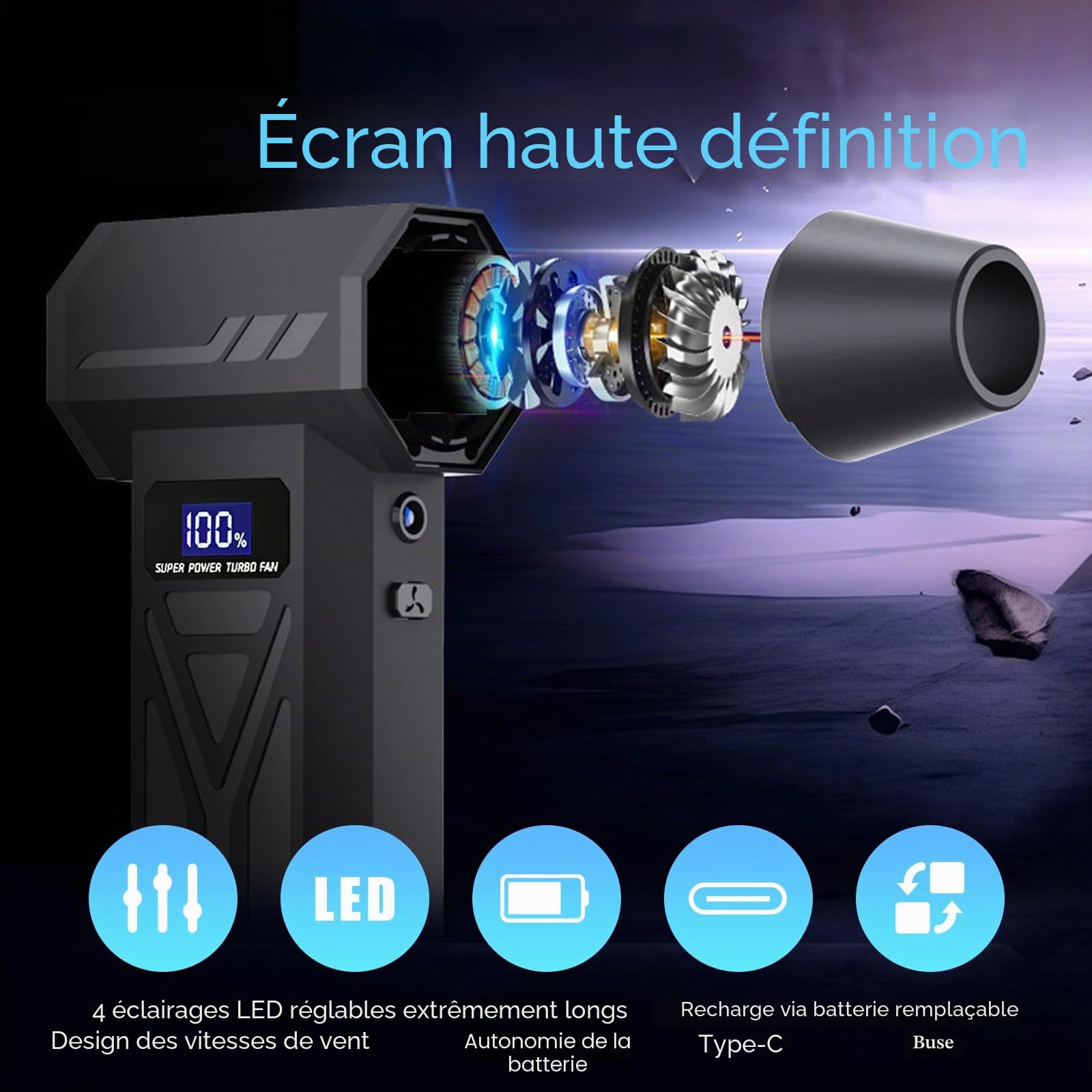 Souffleur Air Comprimé avec Lampe de Poche,150000 tr/min, Souffleur Électrique 4 -Vitesses avec Affichage avec Buses Multi-Usages pour Clavier, Extérieur,Car, Maison,Air Comprimé Nettoyage PC