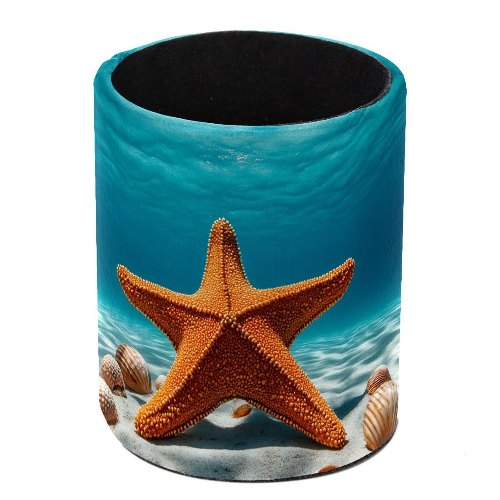 HEOEH Starfish Shell Beach Pen Holder for Desk, PU Leather Pencil Holder Pen Cup Marker Holder Makeup Brush Holders, Desk Accessories & Workspace Organizers for Home, Office