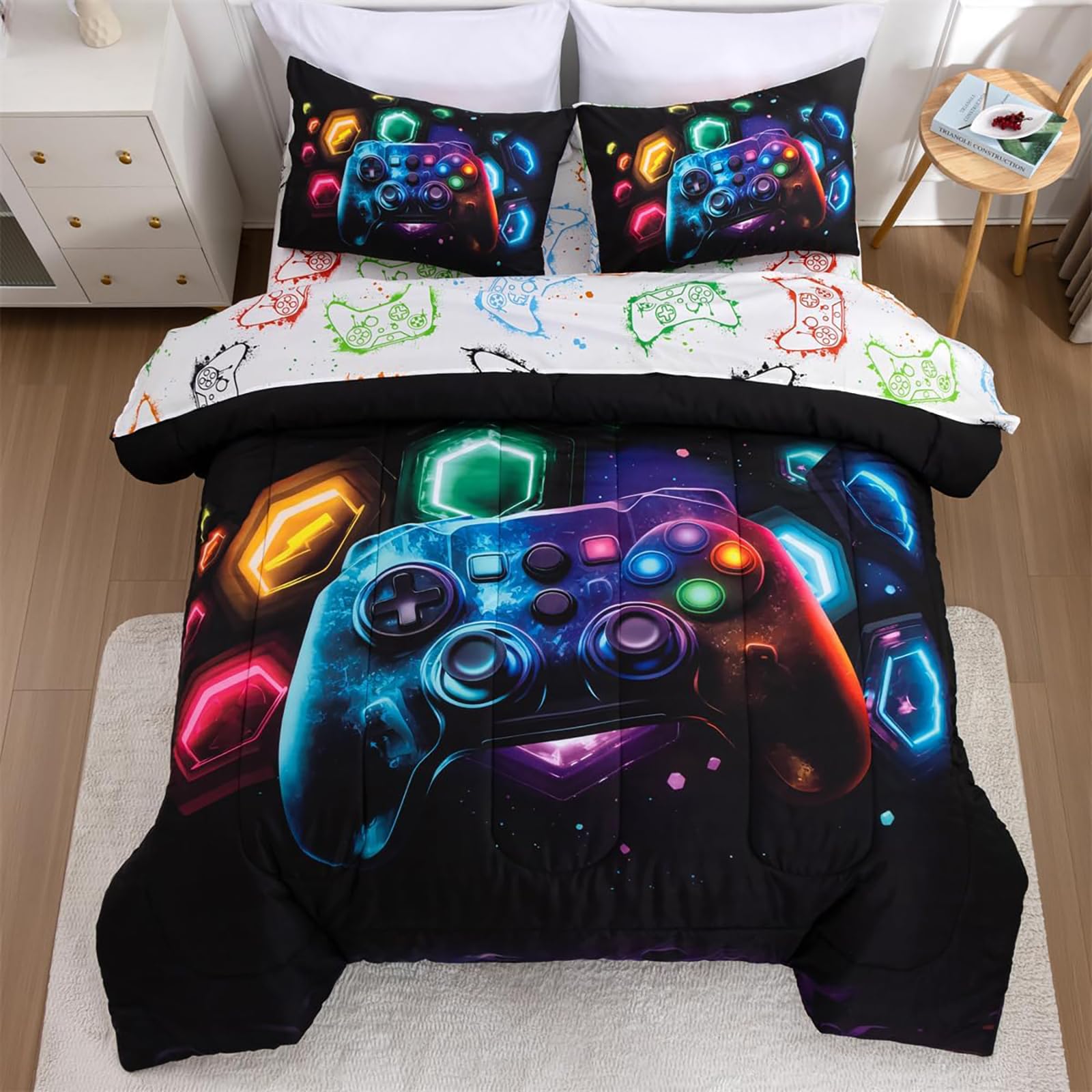Tabeskly Boy Kids Geometry Gaming Gamepad Gamer Bedding Double Duvet Cover Sets Bed Zipper Multicolor Black 200×200cm