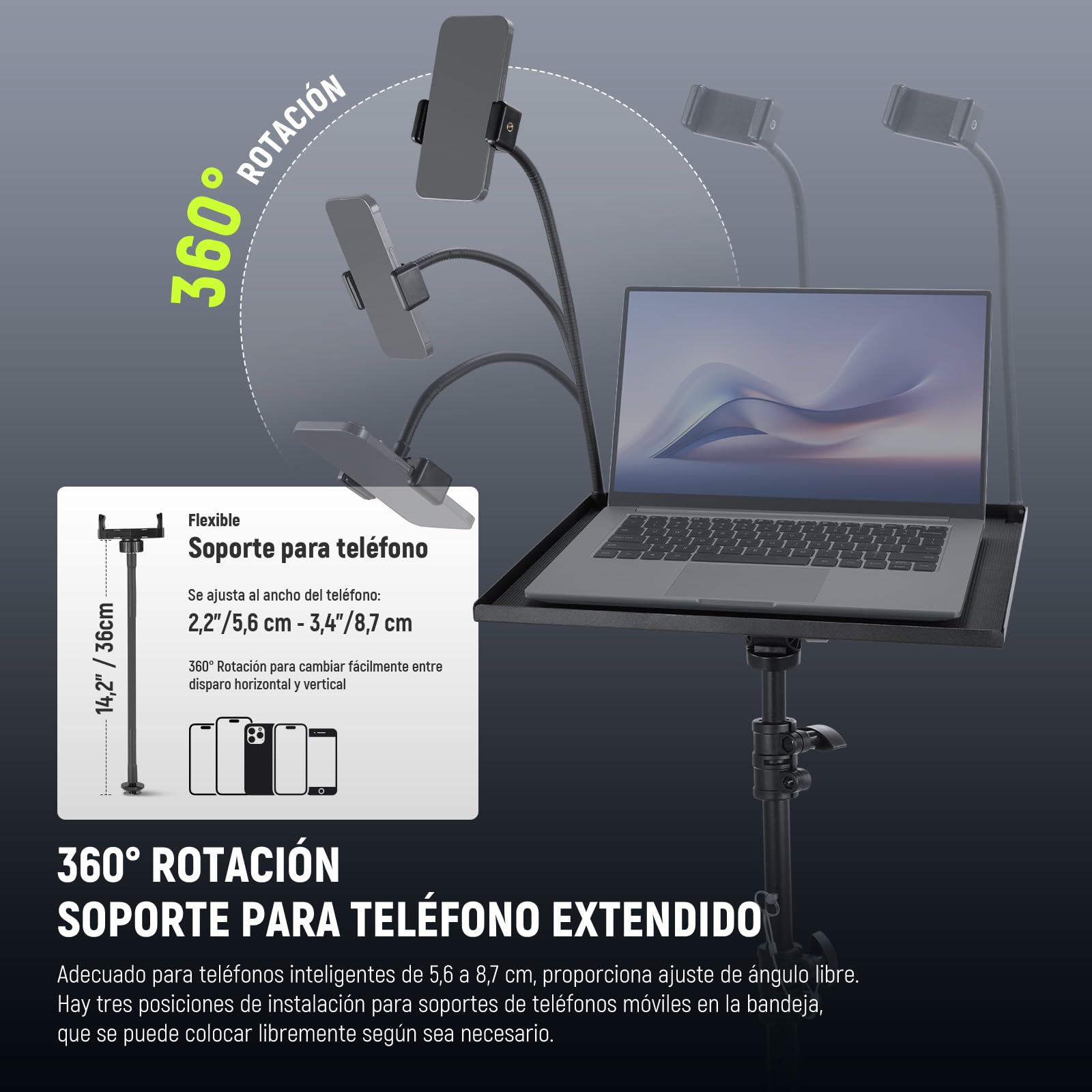 Soporte para Proyector con Bandeja Inclinable 180 ° y Soporte para Teléfono, 3 Secciones Telescópicas 29.9"-57.1"/76-145cm Trípode para Proyector/Portátil, Trípode Portátil Plegable Estudio