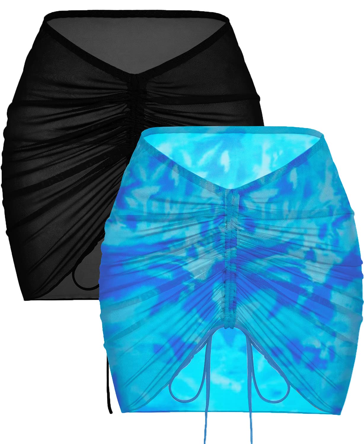 2 Pieces Women Beach Sheer Cover Ups Mesh Bikini Wrap Ruched Skirt for Swimwear S-XXL