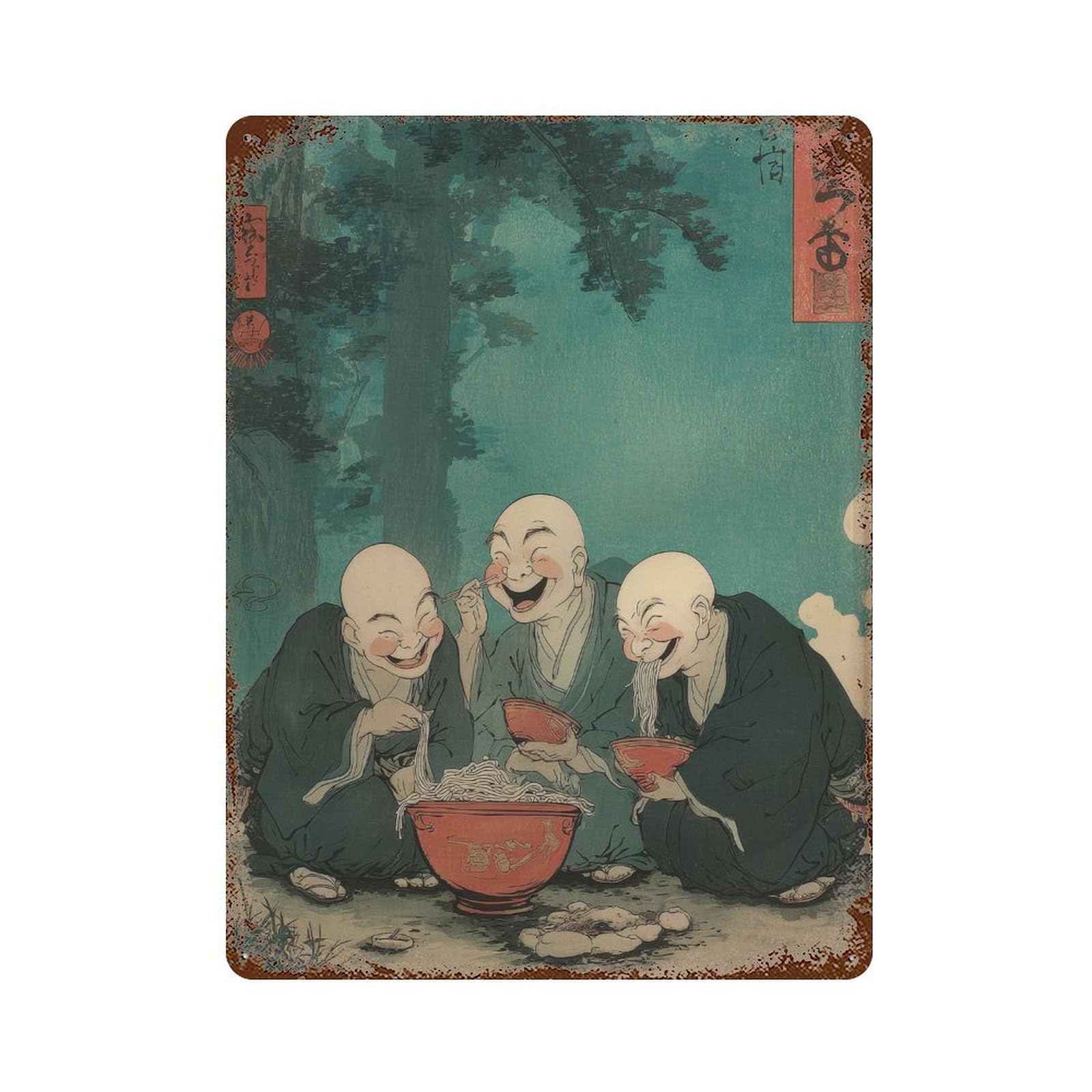 xiaoxiaoshen Laughing Monks Eating Noodles. Ukiyo Wall Decor Art Metal Tin Poster Modern Home Decor Art Home Bar Shop Decorations Vintage Sign 40x30cm