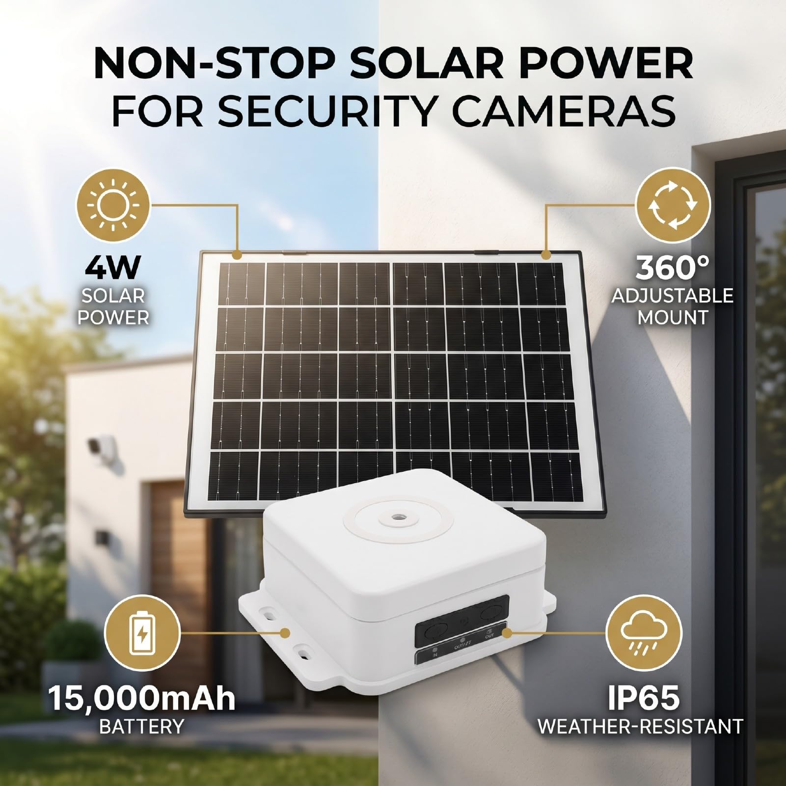 XUMIUZIY Pannello Solare Portatile 4W USB Tipo C per Telecamera di (WHITE) | Materiale ABS, Impermeabile IP65, Batteria Interna da 15000mAh, Supporto Regolabile a 360°, Compatibile con Dispositivi a 5V.
