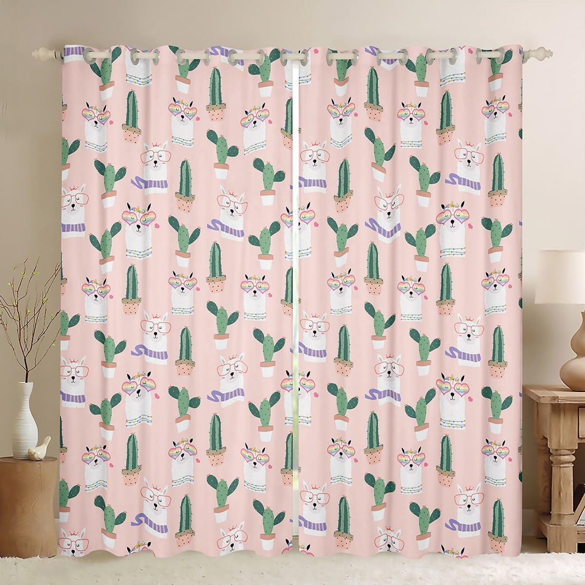 Homemissing Cute Llama Curtains for Bedroom Living Room Kids Cartoon Llama Alpaca Animal 30%-50% Blackout Curtains 3D Animal Theme Darkening Drapes Cactus Window Treatments Cute W66*L90