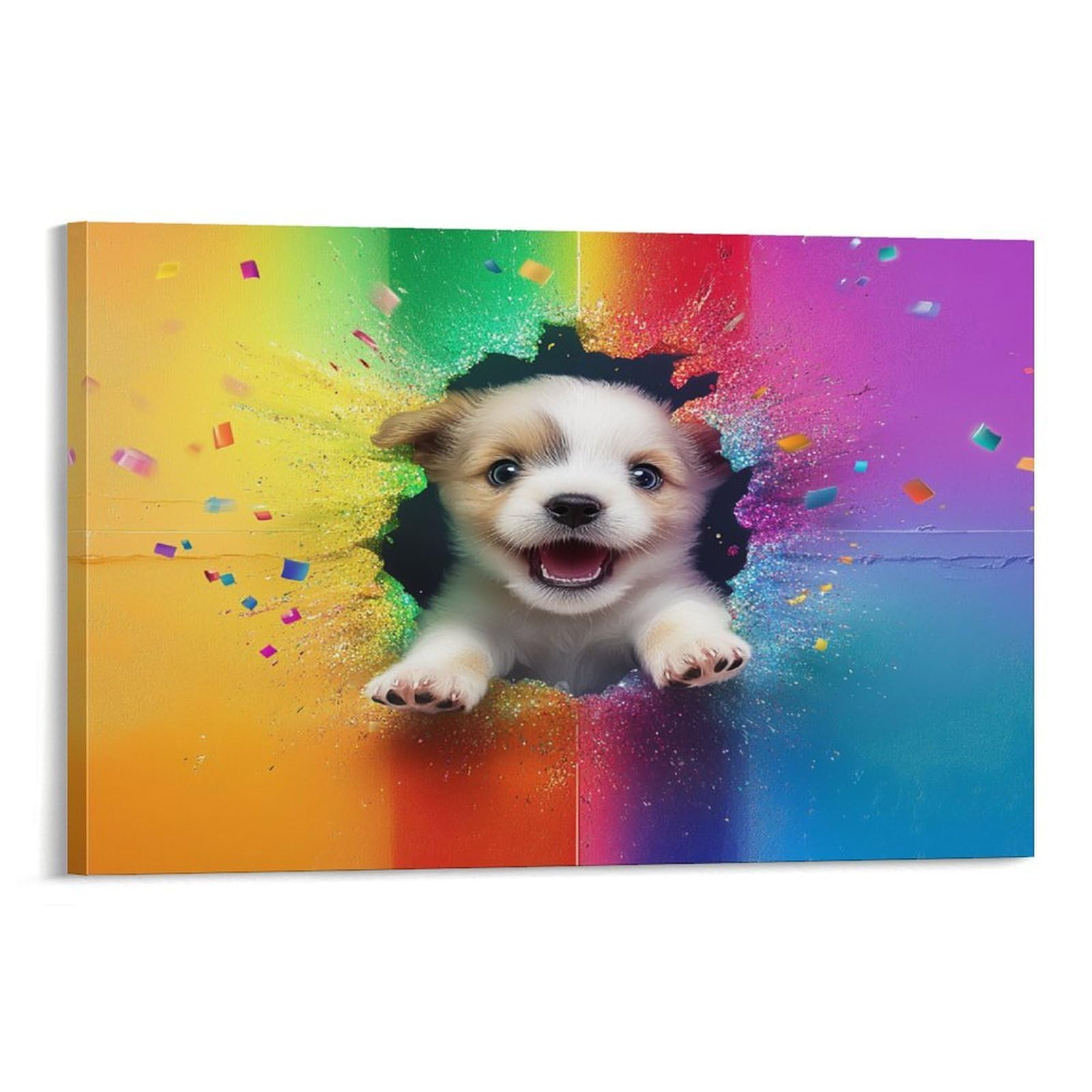 CPLVKWRQJ Dog 1 Piece Puppy Bursting through Rainbow Wall Canvas Print - Office Wall Art Fade Resistant Wall Focal Art Statement Piece 20x30inch(50x75cm)