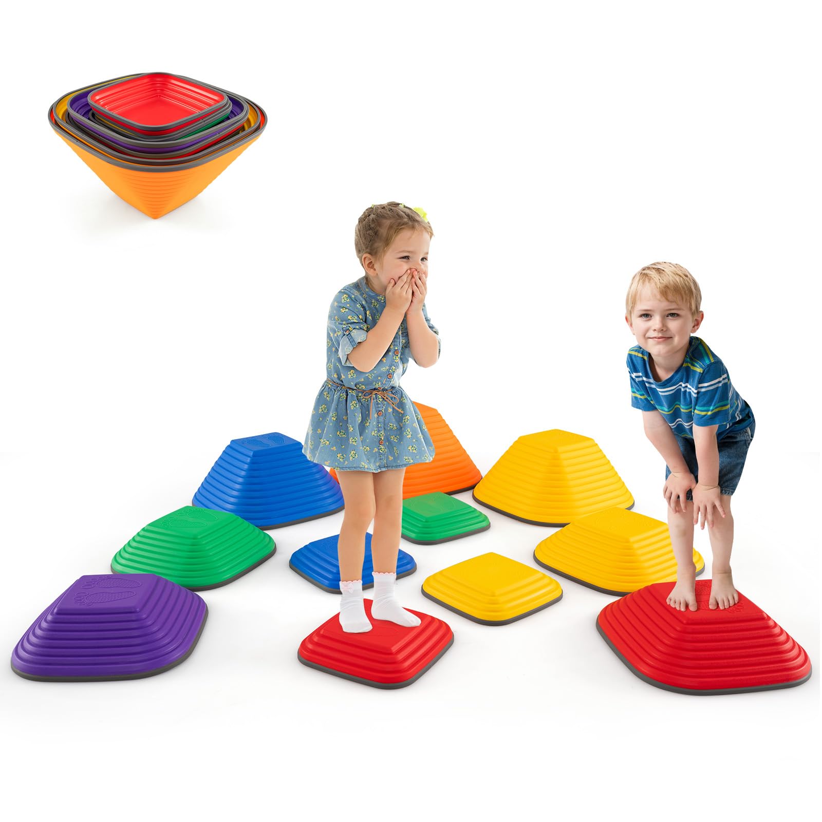 COSTWAY Kids Stepping Stones, 6/11-Piece Children Obstacle Course Stackable Balance Blocks with Non-Slip Edge, Square Sensory Balance Stones for Toddlers (Multicolor, 11-Piece)