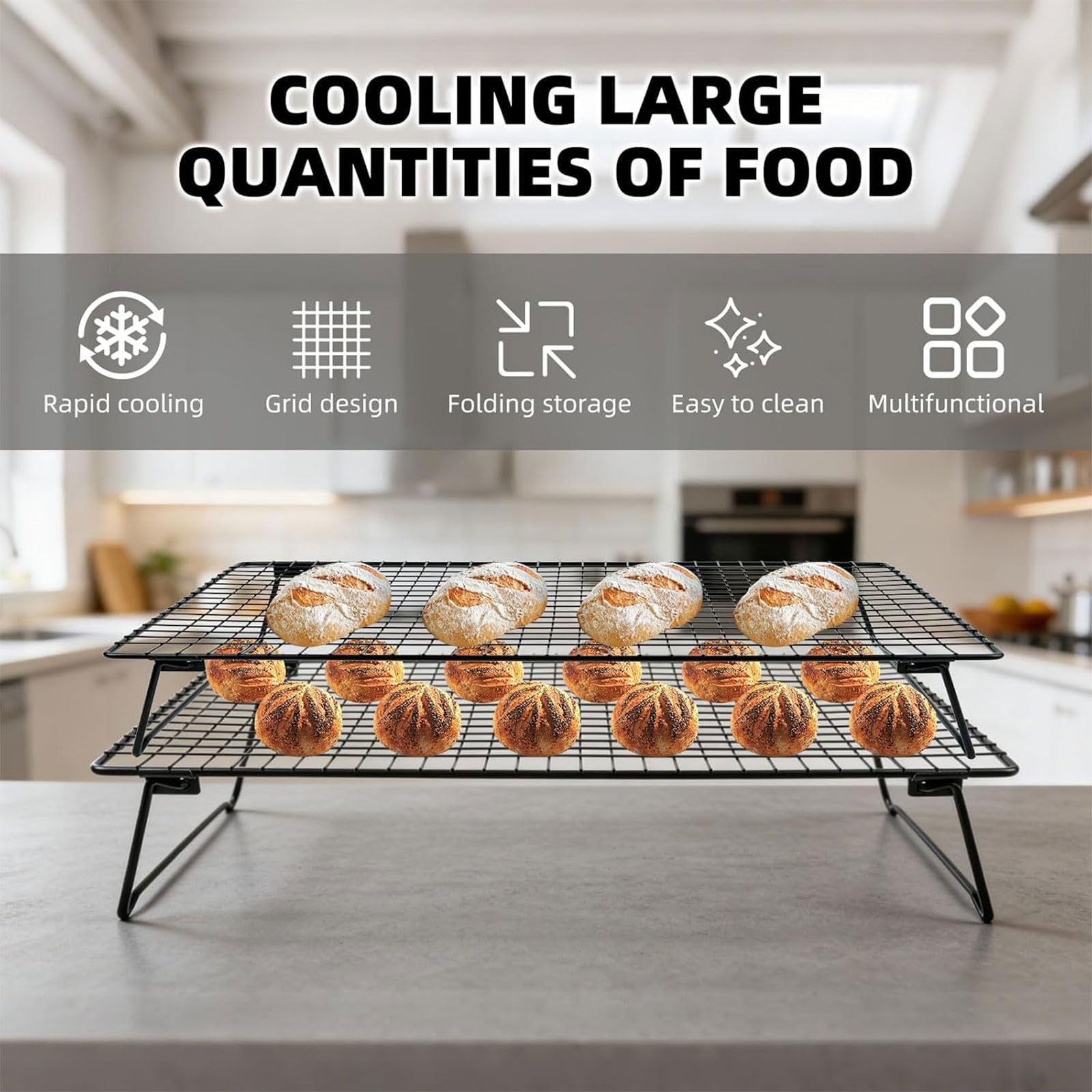 Griglia di raffreddamento da cucina a 3 sezioni per torte e pane, realizzata in acciaio inossidabile antiruggine con design pieghevole accessori da forno griglia di raffreddamento