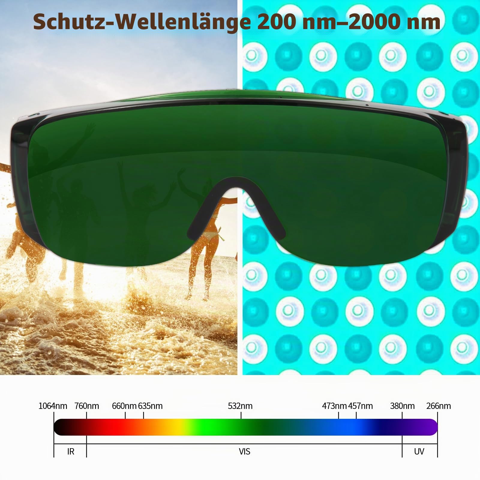 FREEMASCOT 200-2000nm IPL Brille für Laser-Haarentfernung, Bräunung und Rotlichttherapie Augenschutz (Grün)