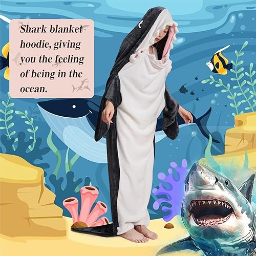 Miniatura 2 de HOIDKET Manta de tiburón con capucha para adultos, mujeres y hombres, manta de franela súper suave y acogedora con estampado de animales, saco de