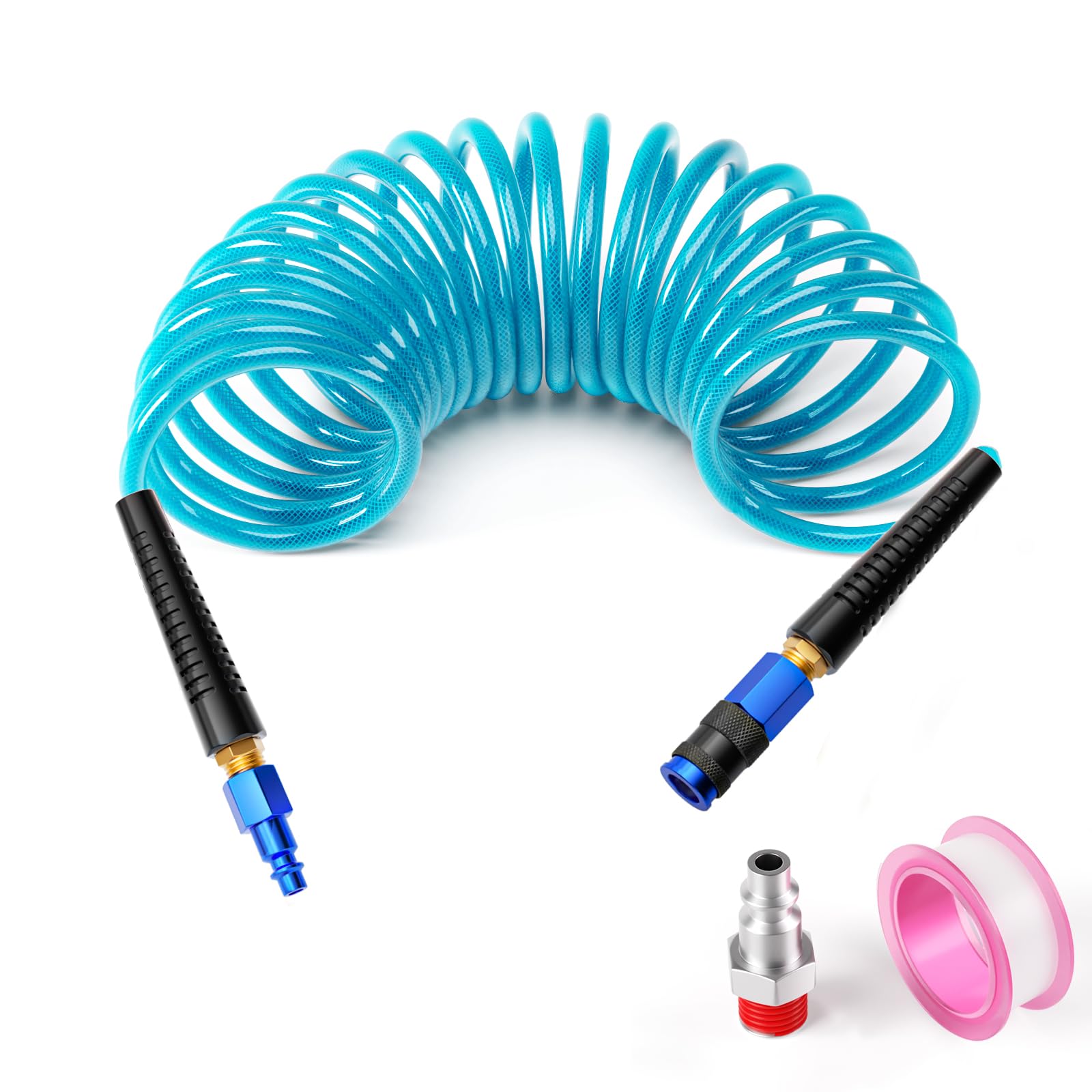 GASHER 1/4" x 10FT Blue Reinforced Polyurethane Air Hose with Bend Restrictor, 1/4" AMT Universal Air Coupler and Plug for Air Compressor