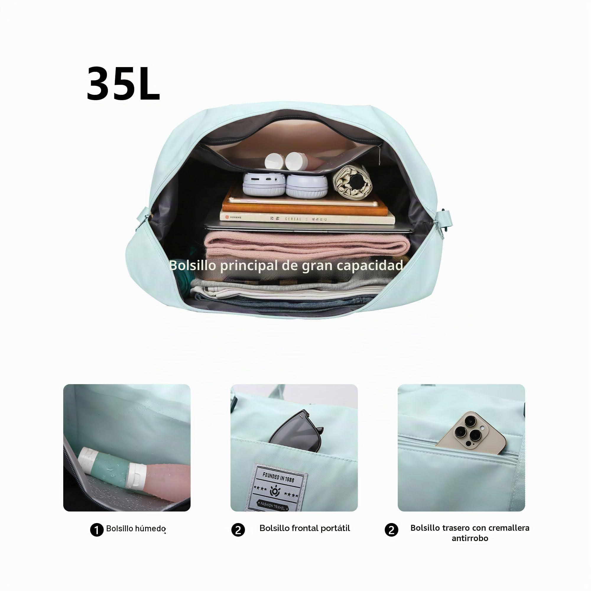 Bolsas de Viaje Bolsas de Deporte Bolsa de Gimnasio Impermeable Bolsa de Mano Equipaje Fin de Semana con Bolsa Húmeda y Zapatero para Hombre Mujer (Verde Claro)