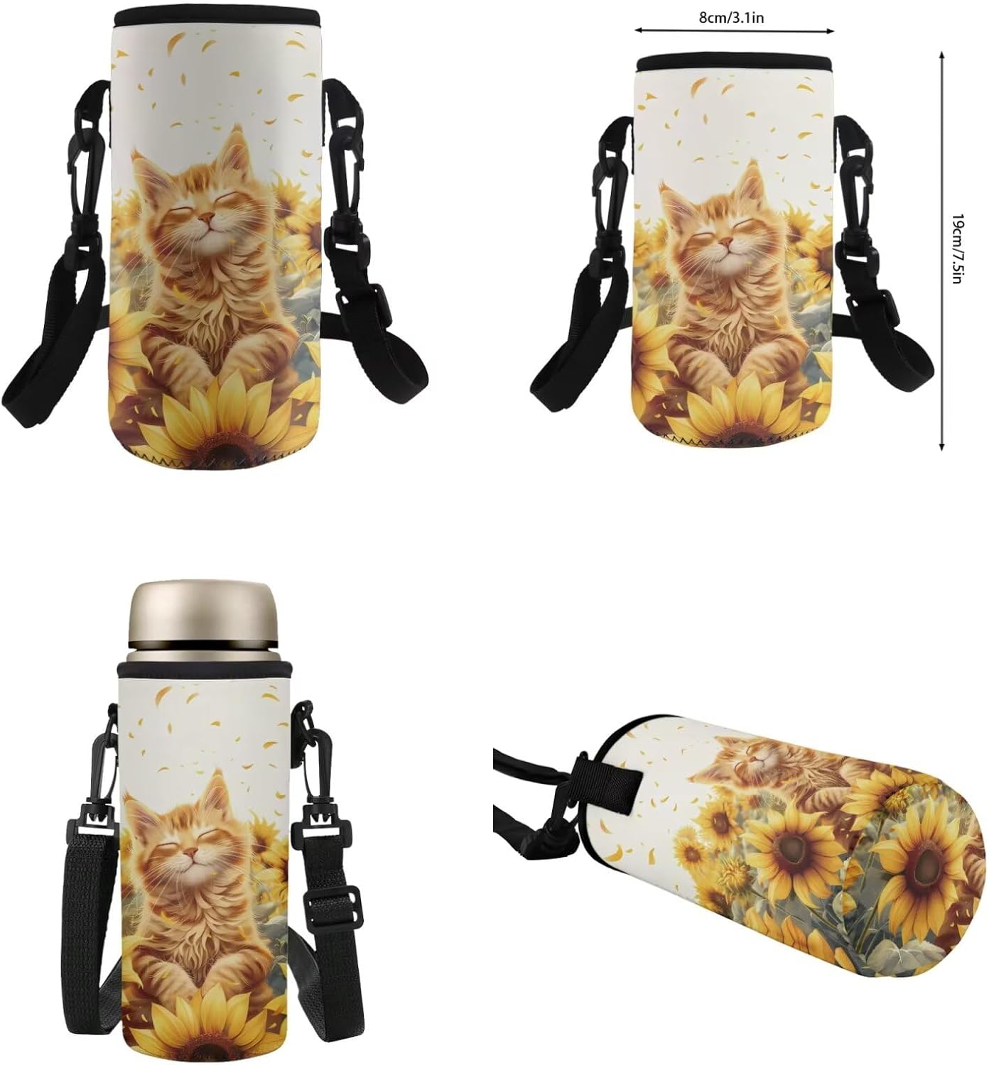 HUGS IDEA Sunflower Cat Backpack for Girls 8-10 Kids School Bookbag with Lunch Box Set Lightweight School Backpack for Girls Large Capacity School Bag for Elementary School 4Pcs Set