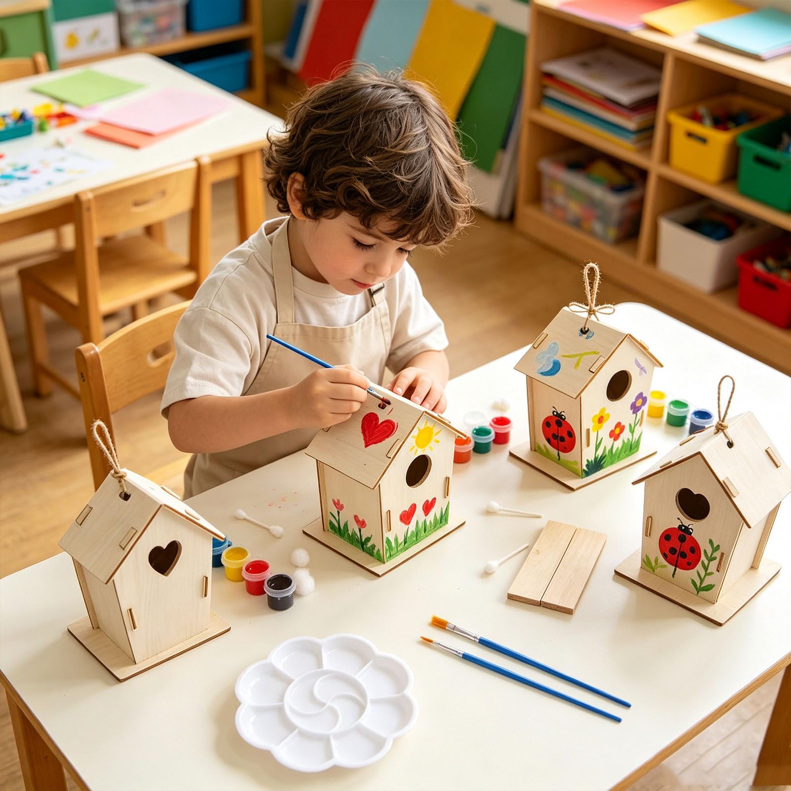 Juego de construcción de casa de pájaros de madera pintable, actividad