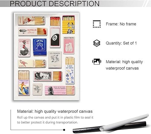 Miniatura 2 de Póster vintage vintage de caja de cerillas en lienzo, póster de fósforos de moda, arte de pared retro, impresión estética funky para apartamento,