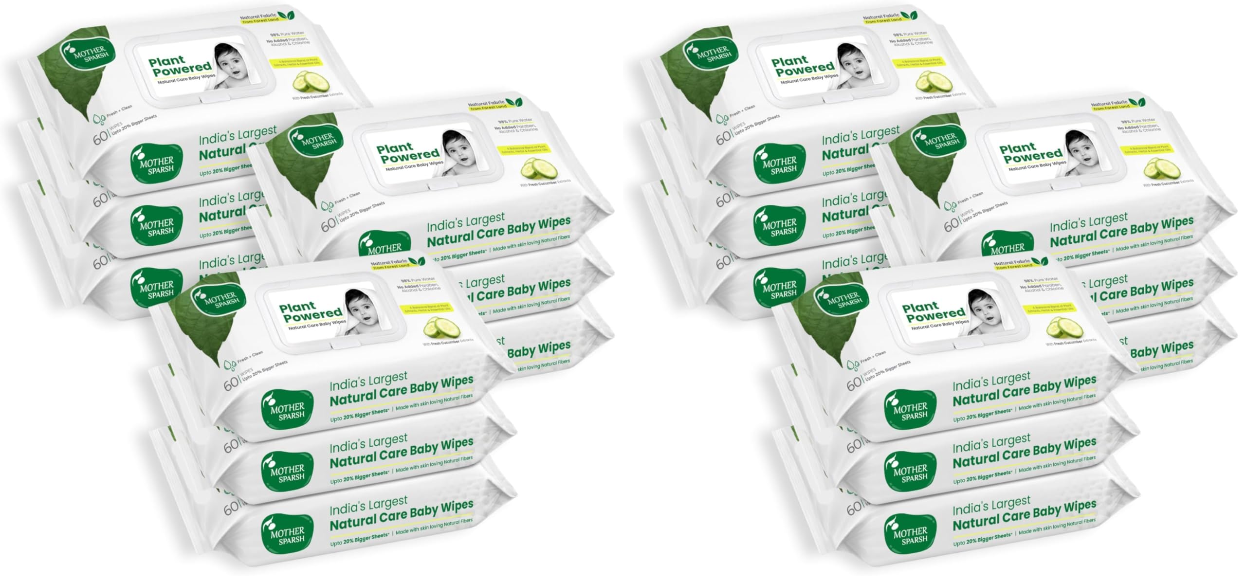 Mother Sparsh Natural Care Water Baby Wipes 60 Pcs (Pack of 18)I 100% Plant Made Fabric From Forest Land | Fresh+Cleanse (with Cucumber) Plant Powered Water Wipes For Baby I Cotton Cloth Like Bigger Sheets-image-17